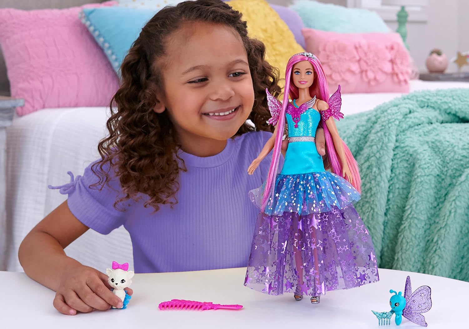 Barbie 7-inch Long Hair Malibu Doll with 2 Fantasy Pets & Dress, from A Touch of Magic for Kids Ages 3+