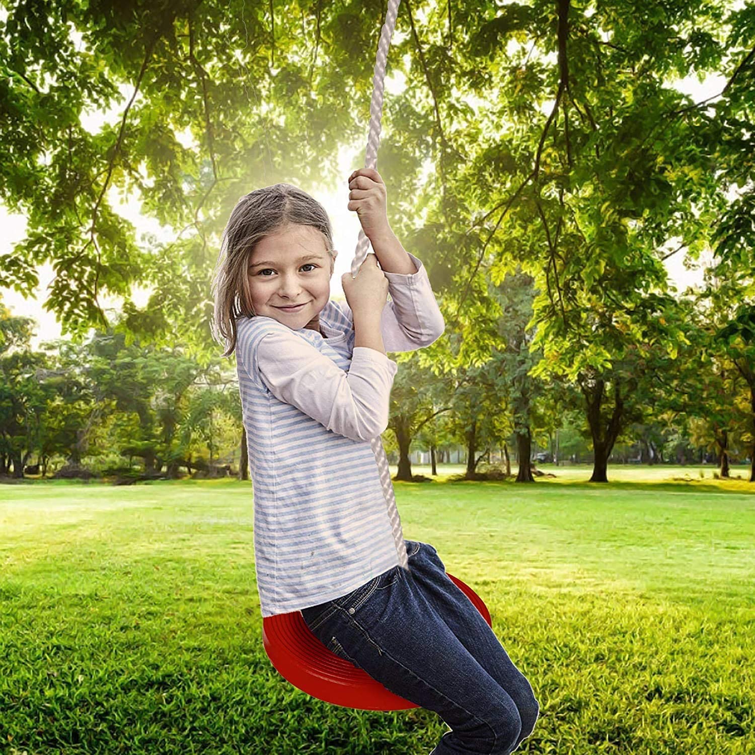 REZNOR Plastic Round Disc Hanging Tree Rope Swing for Kids Children Outdoor Indoor Play Activity, Yellow