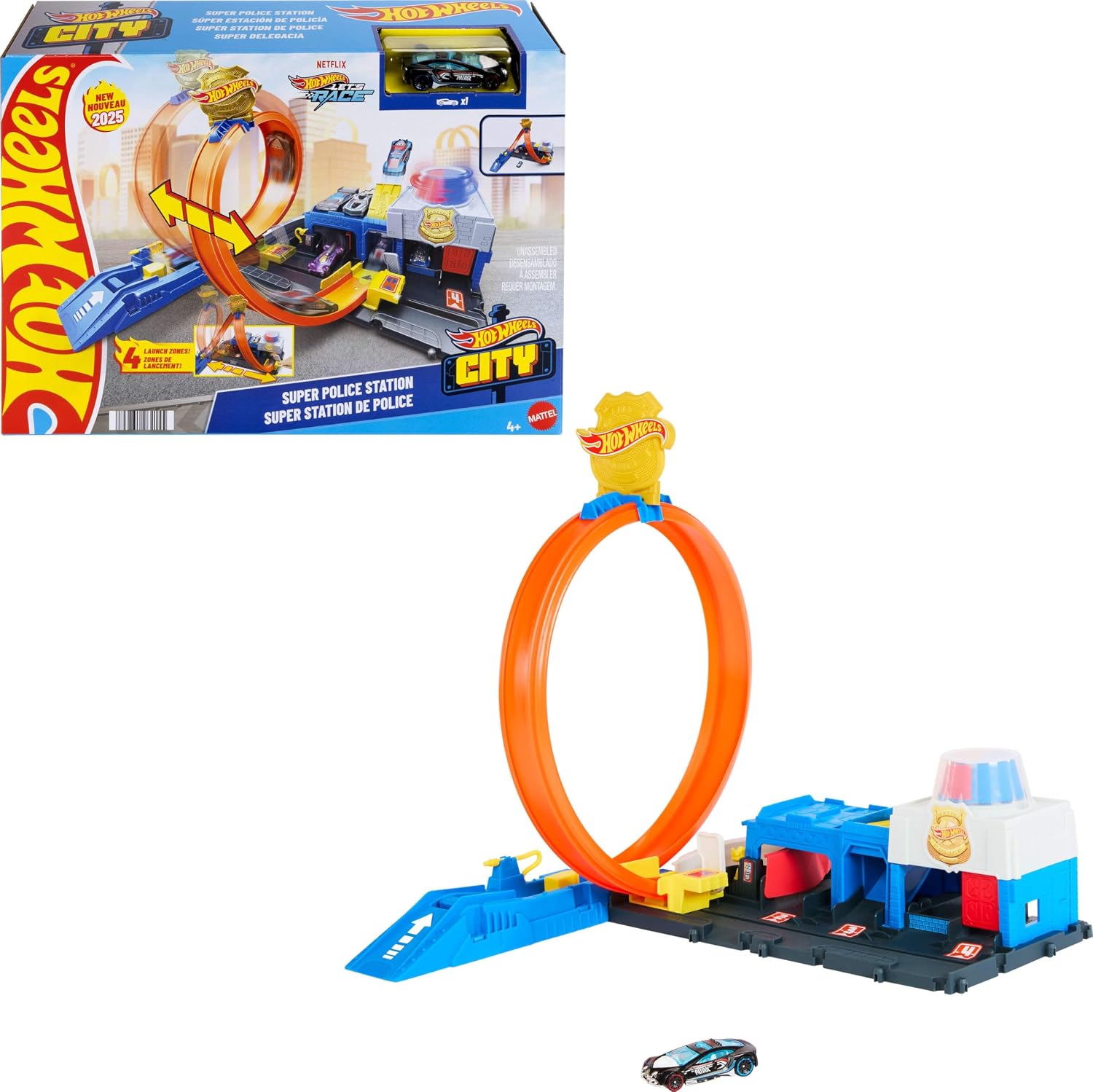 Hot Wheels City Super Police Station Playset with 1:64 Scale Die-Cast Vehicle, Adjustable Loop for Multiple Ways to Race & Stunt