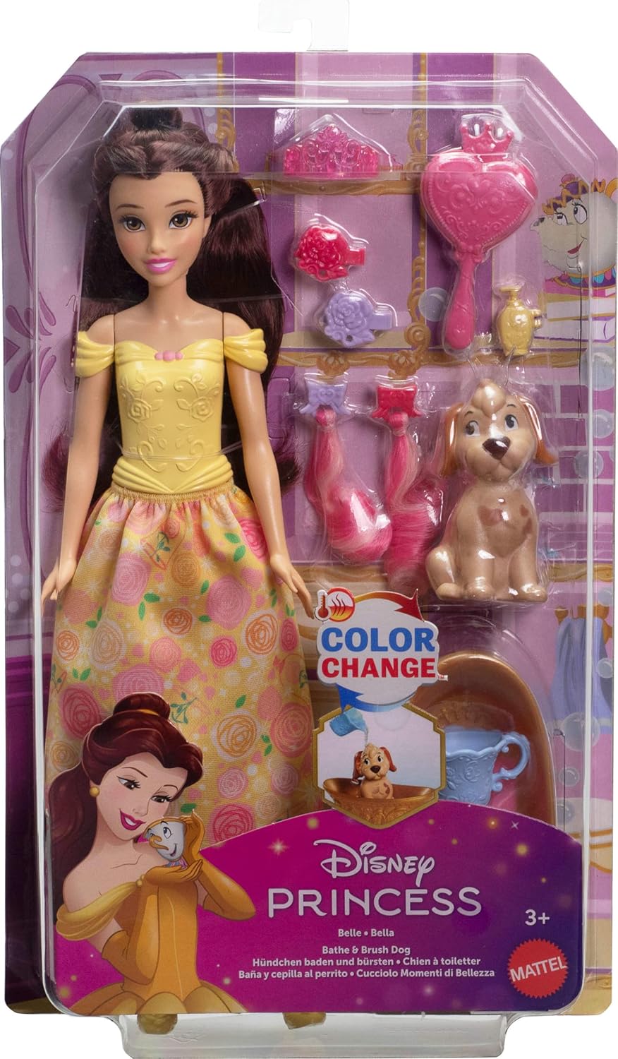 Disney Princess Belle Fashion Doll & Dog Figure with Color Change Spots, Bathtub, Brush & Hair Accessories, Inspired by Beauty & The Beast