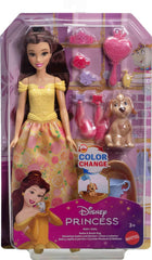 Disney Princess Belle Fashion Doll & Dog Figure with Color Change Spots, Bathtub, Brush & Hair Accessories, Inspired by Beauty & The Beast