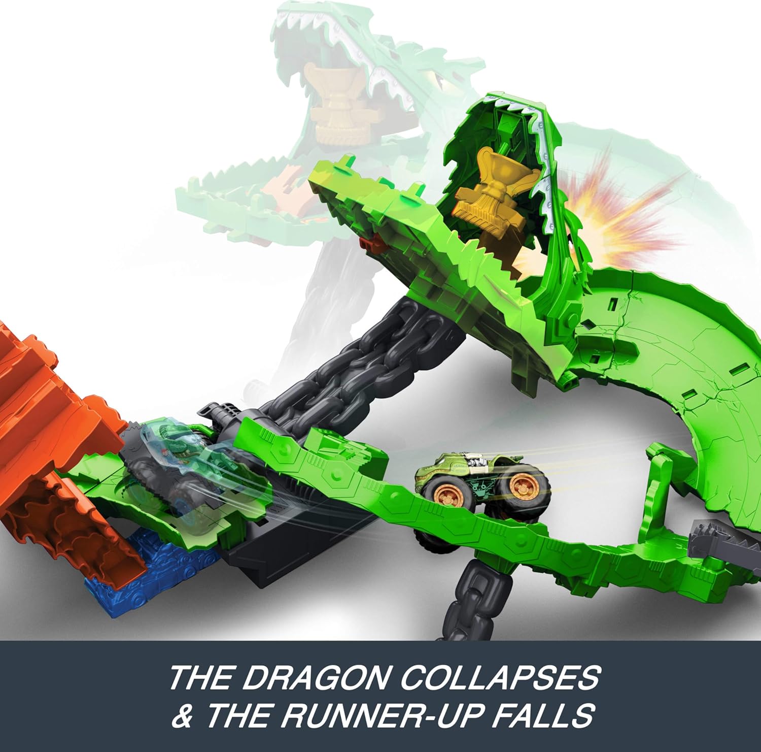 Hot Wheels Monster Trucks Sharks vs. Dinos Dragon Destruction Playset with 1:64 Scale Great Bite & Rageasaur, Race to Defeat The Cyborg Nemesis for Kids Ages 3 Years & Up