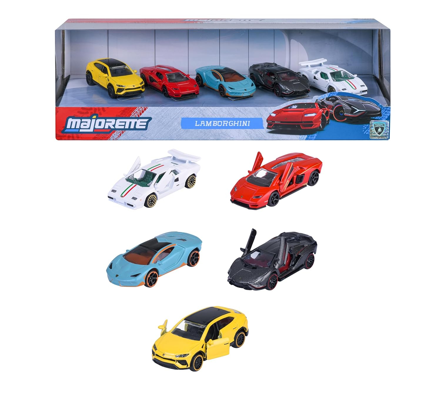 Majorette Lamborghini 5 Pack Set - Metal Toy Car with Freewheel, Suspension & Opening Parts for Kids & Collectors