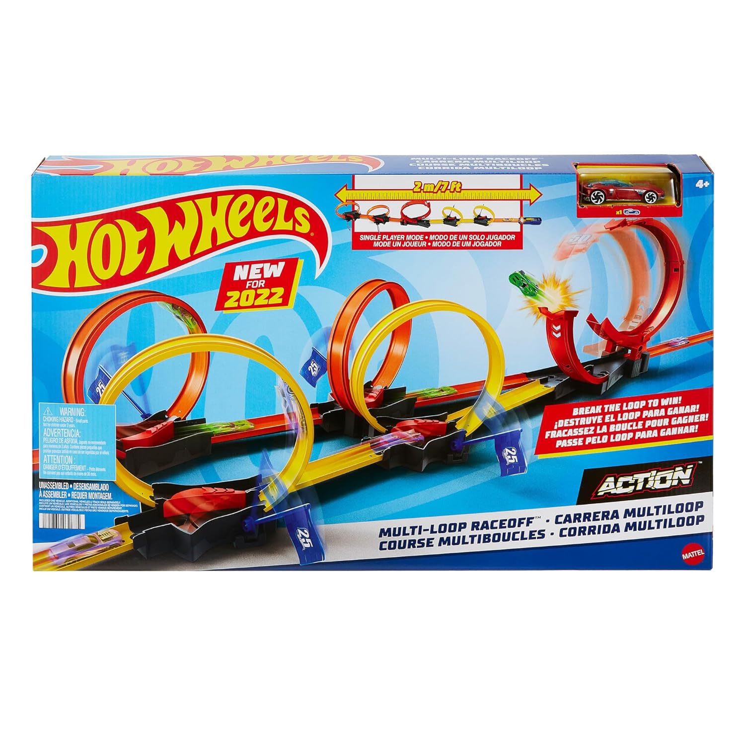 Hot Wheels Multi-Loop Race Off Playset, with 1 Car, Knock Down Flags to Score Points & Break The Loop, Toy for Kids 4 to 10 Years Old