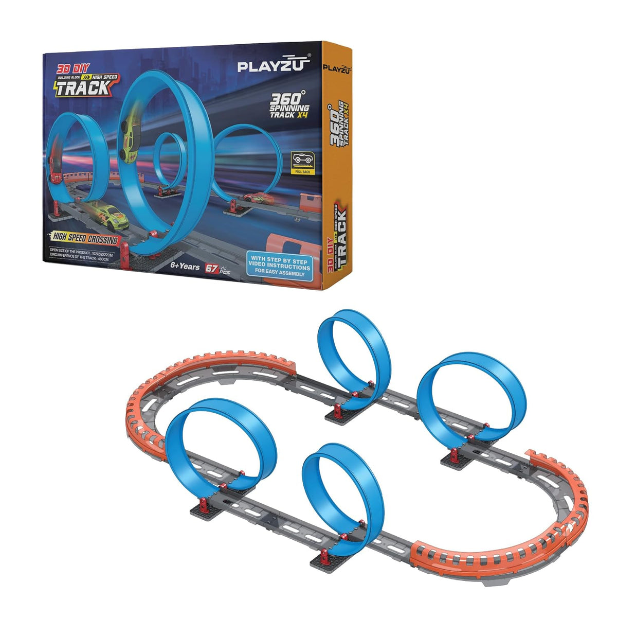 Playzu High Speed Pull Back -4A 66 pcs Four 360 Degree Loops Racing Track Game with Building Block Sets and Two Strong 1:64 Scaled Pull Back Cars for Ages 6+