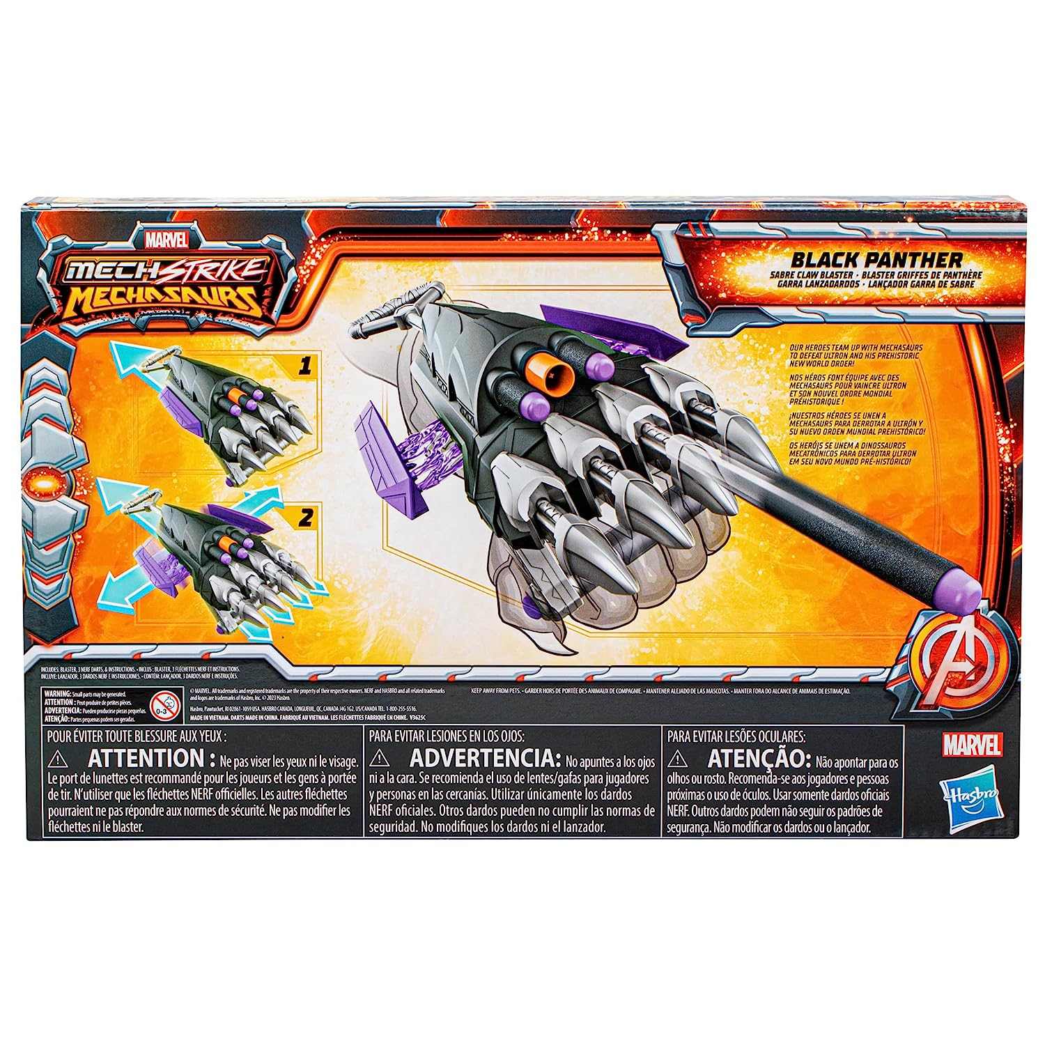 Marvel Mech Strike Mechasaurs Black Panther Sabre Claw NERF Blaster with 3 Darts for Kids Ages 5 Years and Up