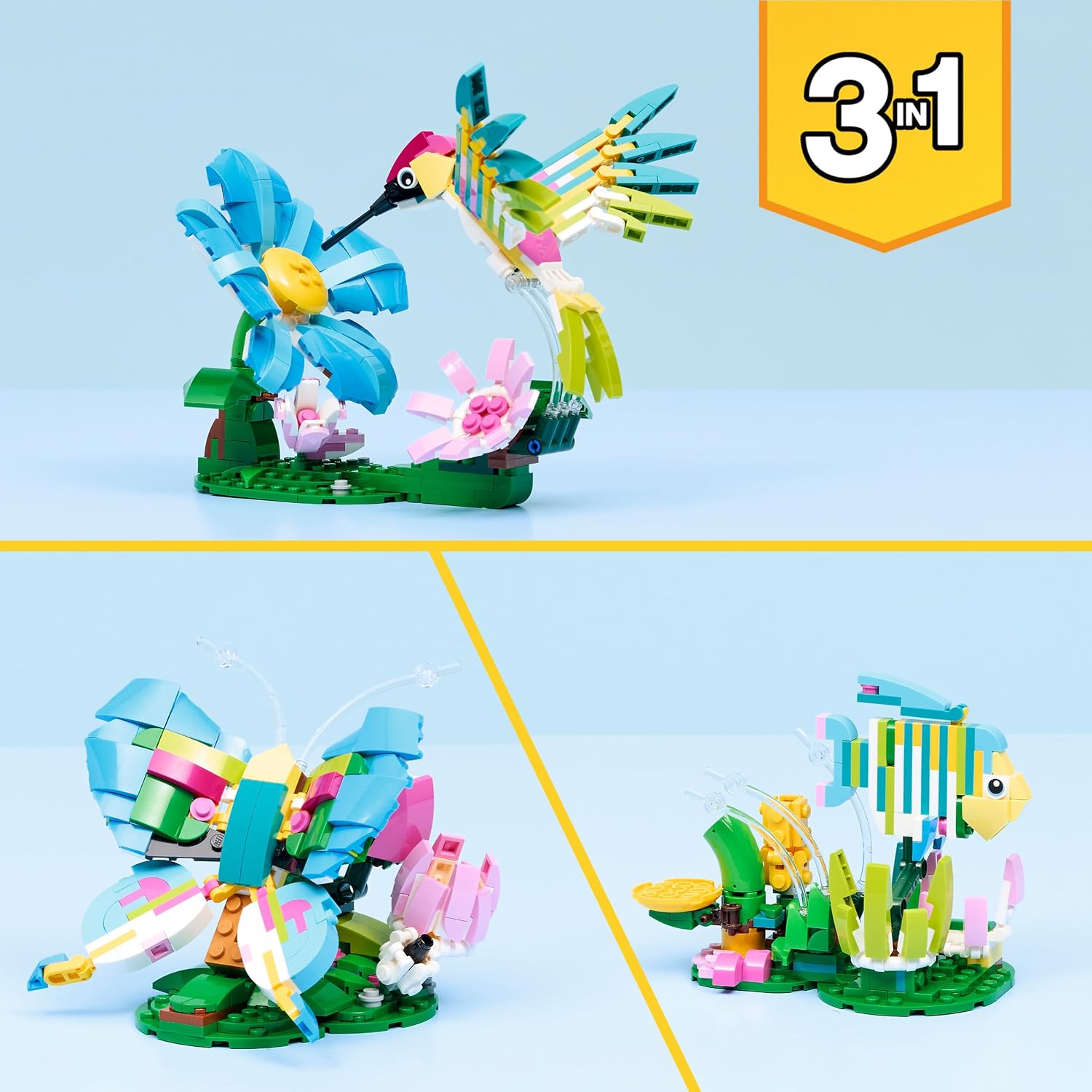 LEGO CREATOR 3IN1 Wild Animals: Colorful Hummingbird - Rebuilds into a Butterfly or Fish Building Kit For Ages 8 Years & Up