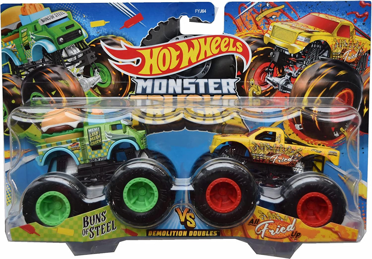Hot Wheels Monster Trucks 1:64 Scale Demo Doubles 2 Pack Collection, Buns of Steel vs All Fried Up