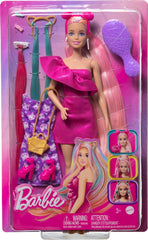 Barbie Fun & Fancy Hair with Extra-Long Colorful Blonde Hair and Glossy Pink Dress Doll, 10 Hair and Fashion Play Accessories
