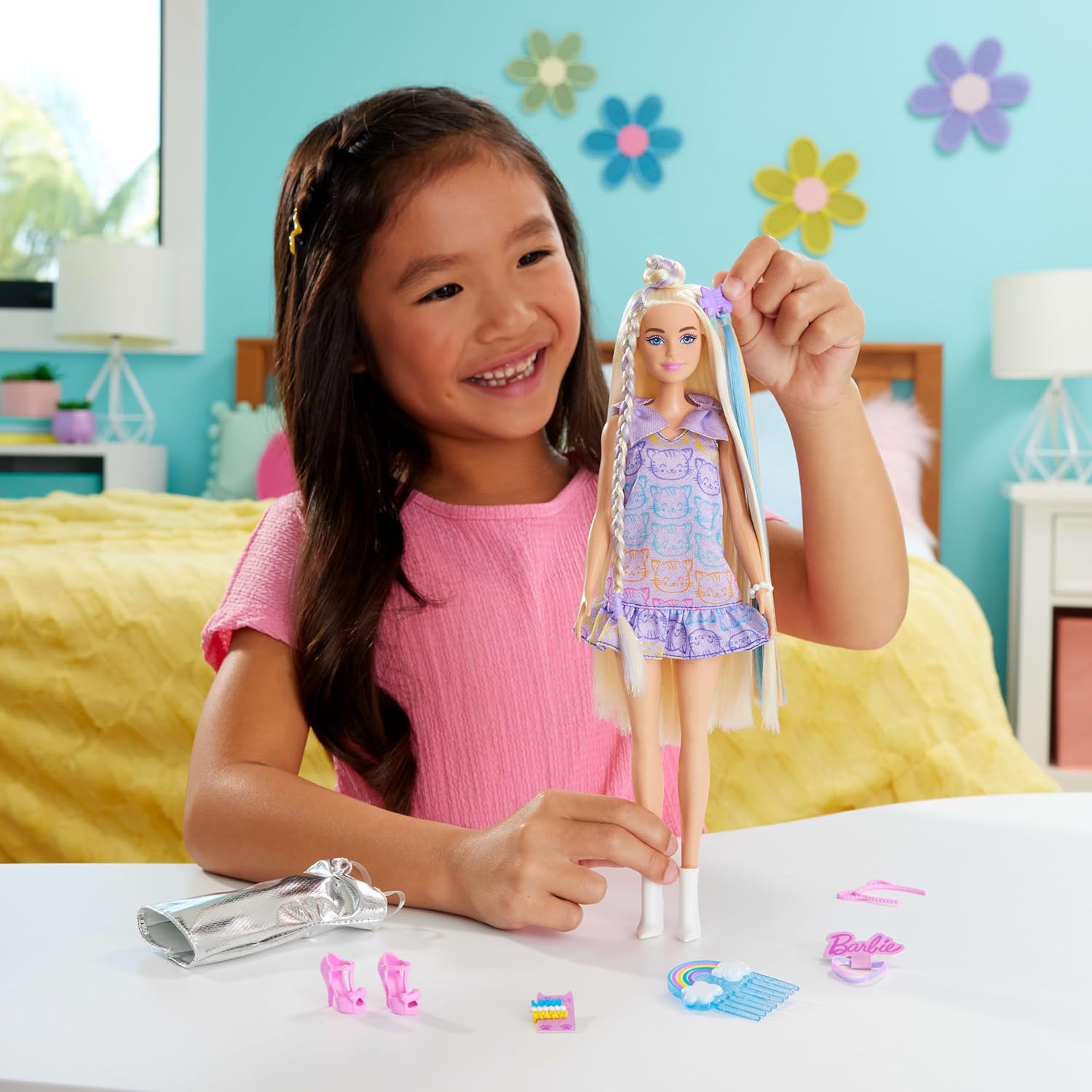 Barbie Fun & Fancy Blonde Fashion Doll with Extra-Long Hair & 2 Looks, Including Silver Metallic Dress & Hair Extension for Kids Ages 3+