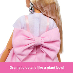Barbie Deluxe Style Doll #3 in Barbiecore Outfit, Blond Hair in Top Knot, Pink Pastel Dress with Oversized Bow and Accessories for Kids Ages 4+