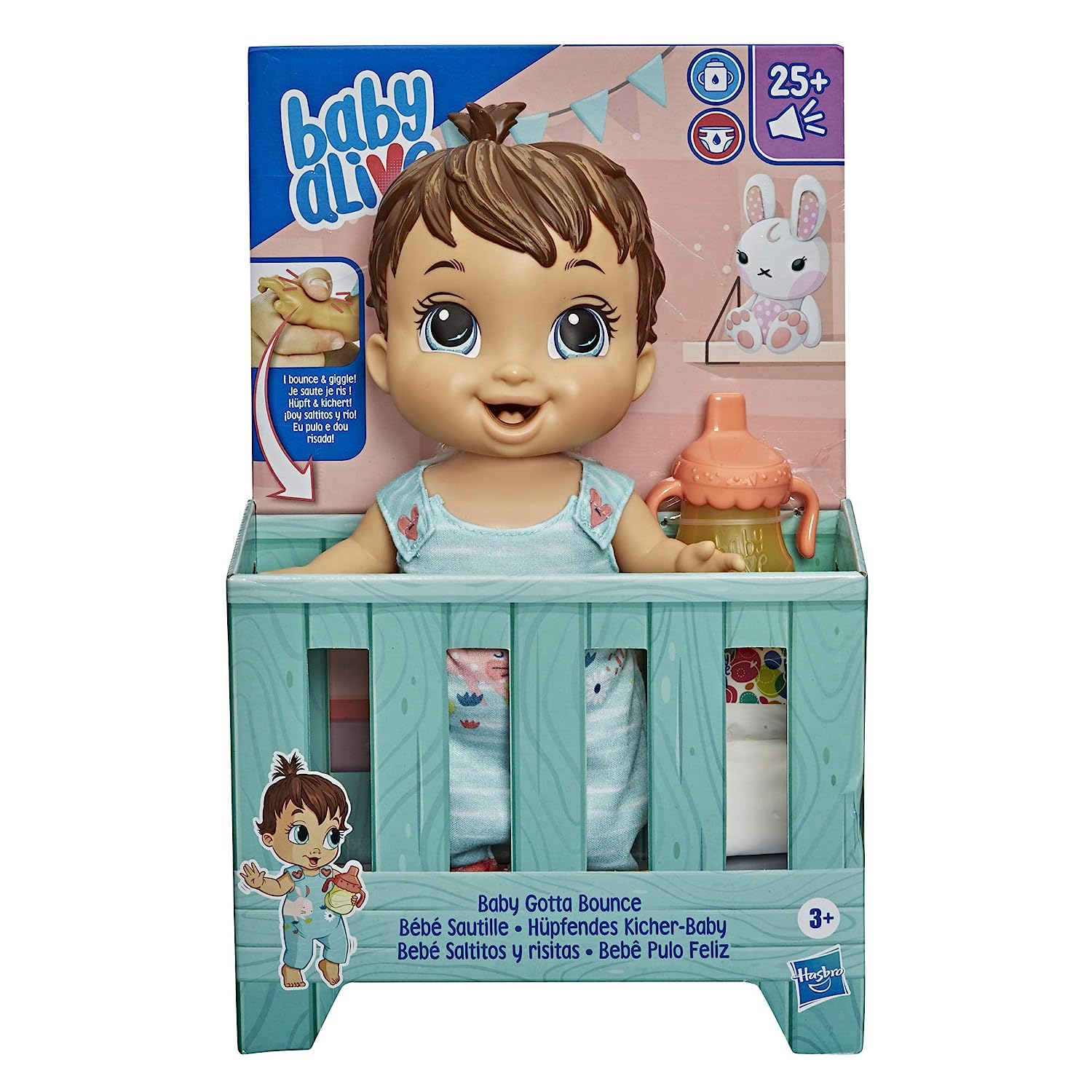 Baby Alive Baby Gotta Bounce Bunny Outfit Brown Hair Doll with 25+ SFX and Giggles, Drinks and Wets for Kids Ages 3 Years and Up