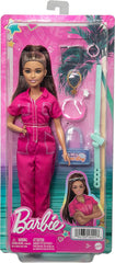 Barbie Brown Hair Doll in Trendy Pink Jumpsuit with Storytelling Accessories and Pet Puppy for Ages 3+