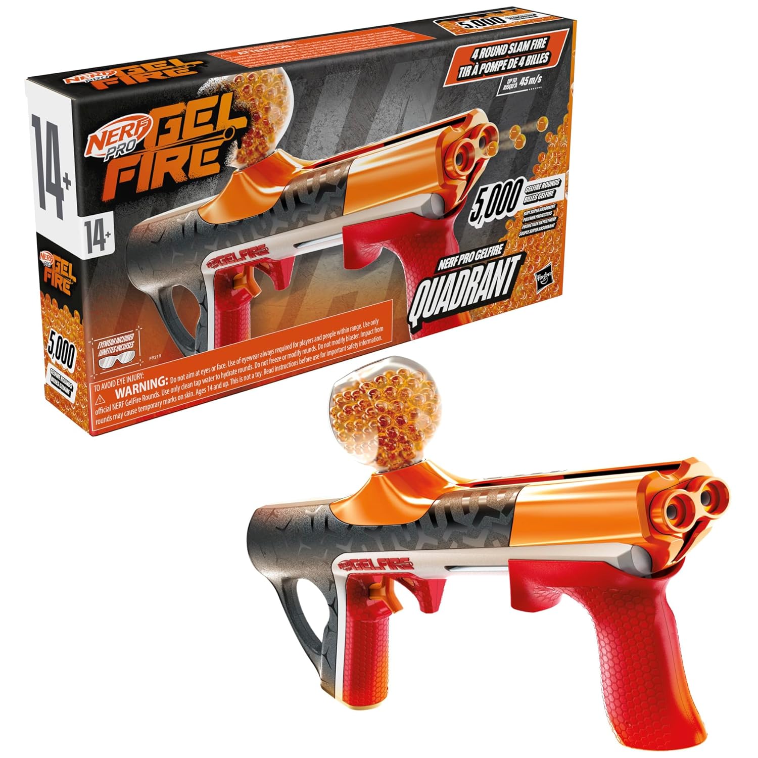 Nerf Pro Gelfire Quadrant Blaster, 150 FPS, 5,000 Gelfire Rounds, 4 Round Slam Fire, 400 Round Hopper, Eyewear, Ages 14+