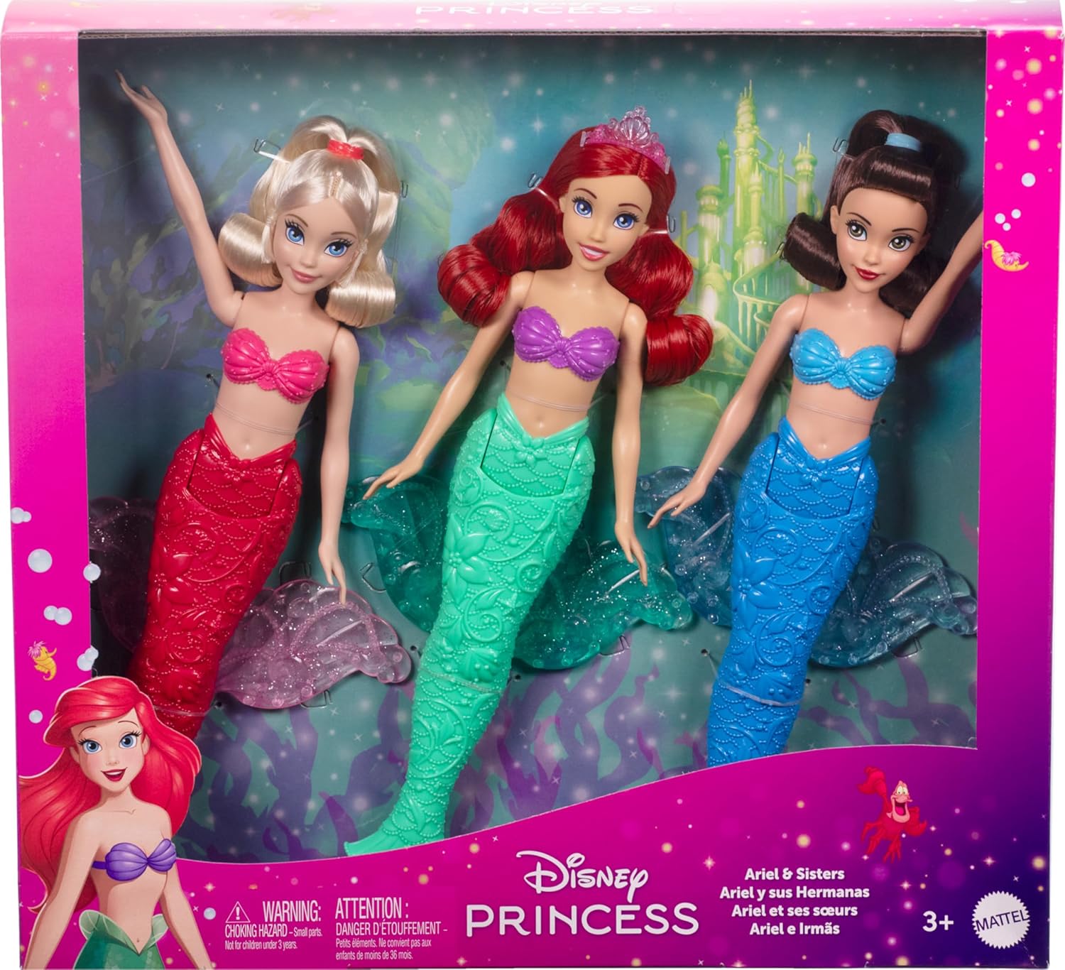 Disney Princess Mattel Ariel Mermaid Fashion Doll & 2 Mermaid Sister Dolls, Posable