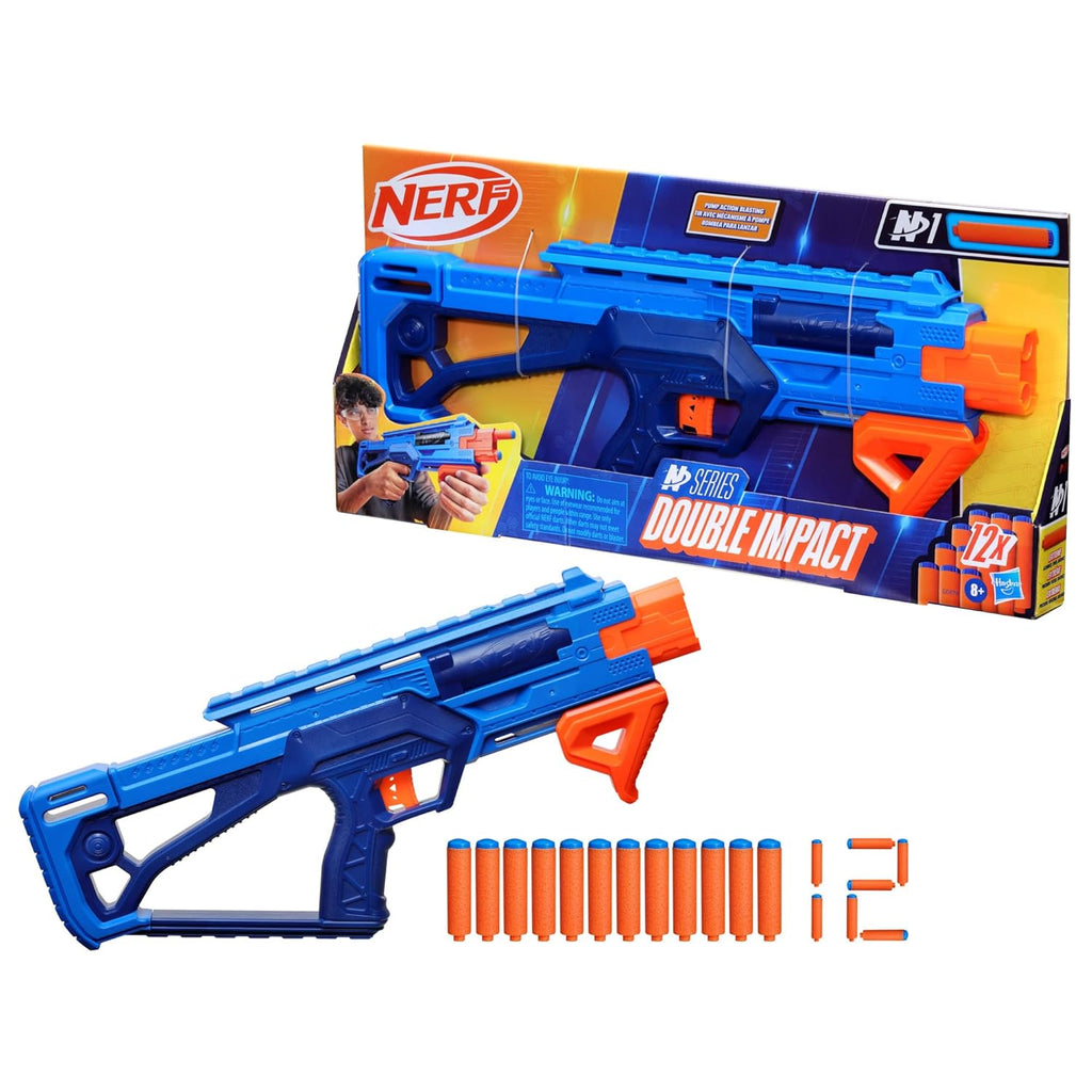 Nerf N Series Double Impact Blaster with 12 Official Nerf N1 Darts Compatible Only with Nerf N1 Blasters Pump Action Priming Ages 8 Years & Up