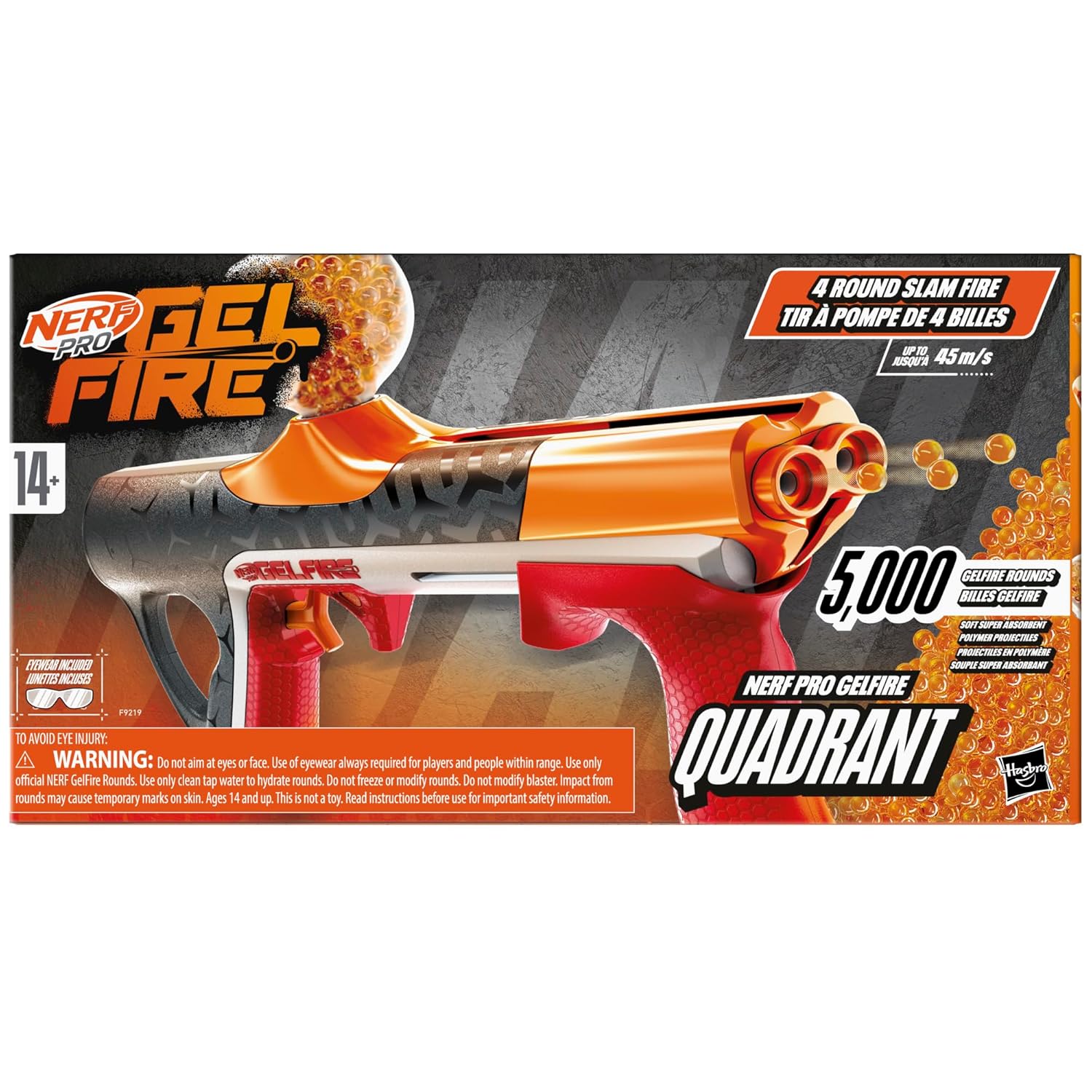 Nerf Pro Gelfire Quadrant Blaster, 150 FPS, 5,000 Gelfire Rounds, 4 Round Slam Fire, 400 Round Hopper, Eyewear, Ages 14+