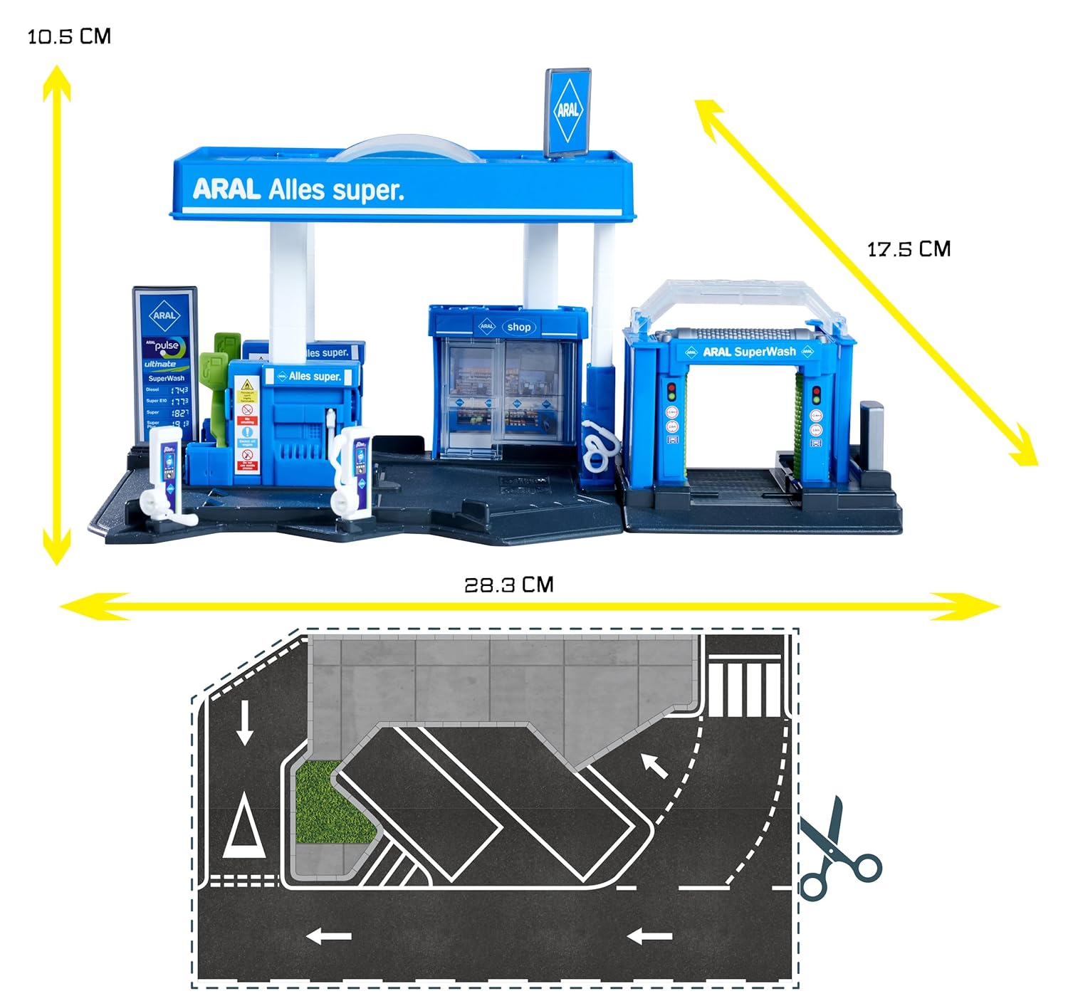 Majorette Petrol Station ARAL Imaginative Role-Play Set Includes 1 Fuel Tanker, Features Fuel Pump & EV Charger, Car wash and Shop Suitable for 1:64 Scale Vehicles for Kids Ages 5 Years & Up
