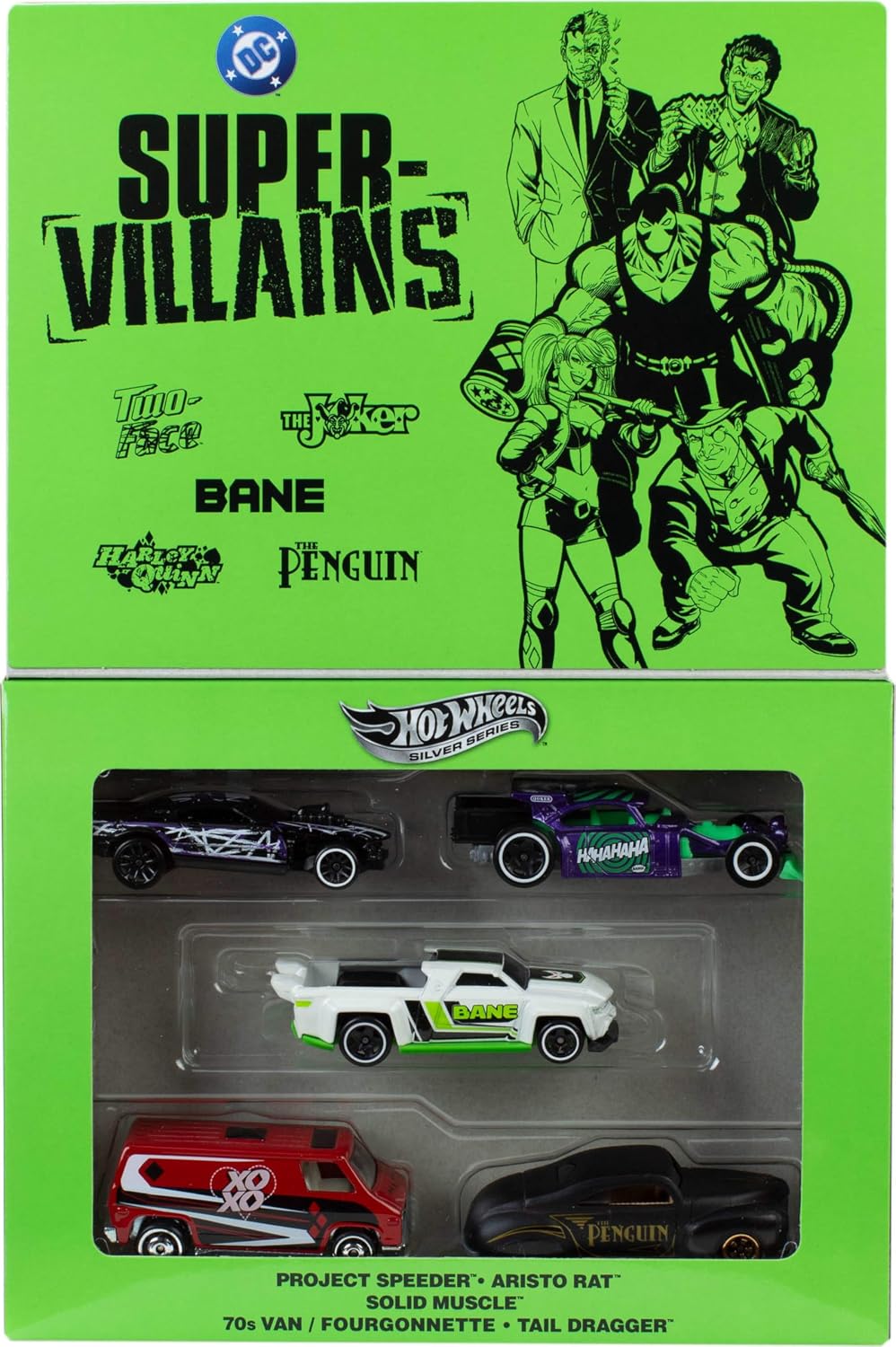 Hot Wheels Batman Set of 5 1:64 Scale Die-Cast Silver Series Super-Villain Vehicles Toy Cars with Enhanced Deco Execution & Authentic Details