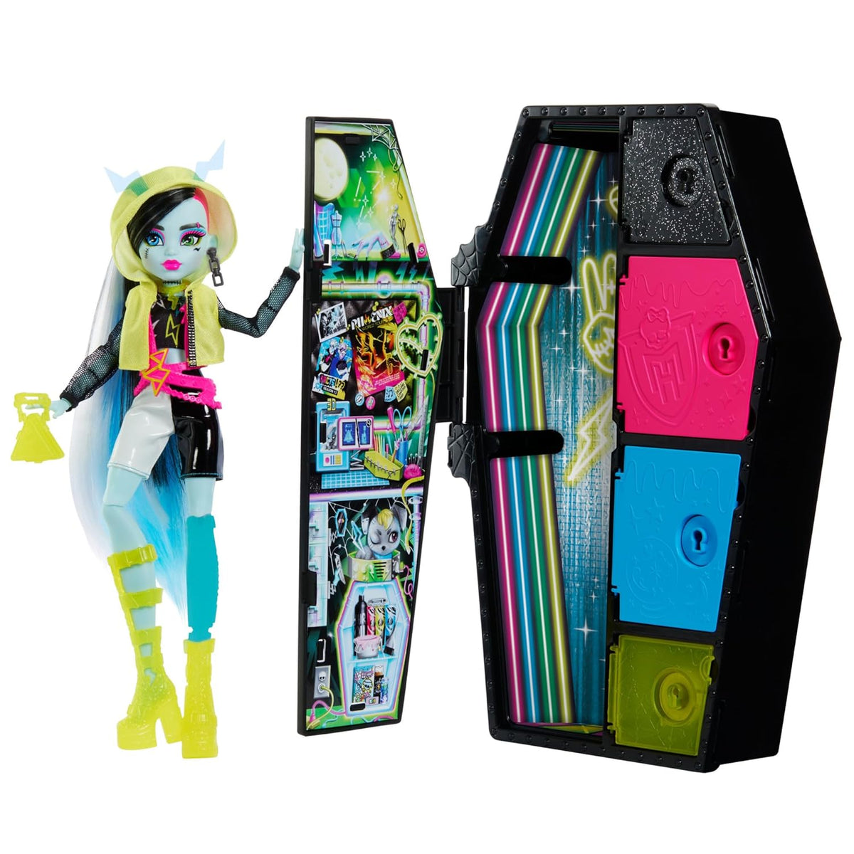 Monster High Frankie Stein Doll and Fashion Set, Skulltimate Secrets Neon Frights, Dress-Up Locker with 19+ Surprises for Kids Ages 5+
