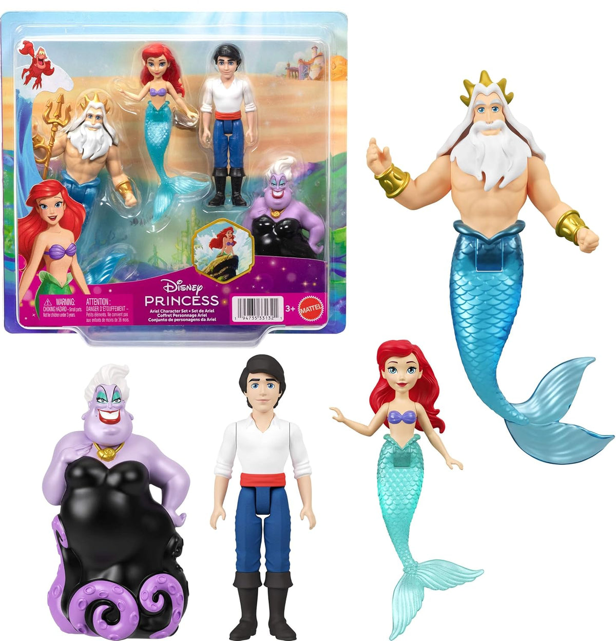 Disney Princess Small Doll 4-Pack with Mermaid Ariel, Prince Eric, Ursula & King Triton & Trident Accessory Inspired by Movie