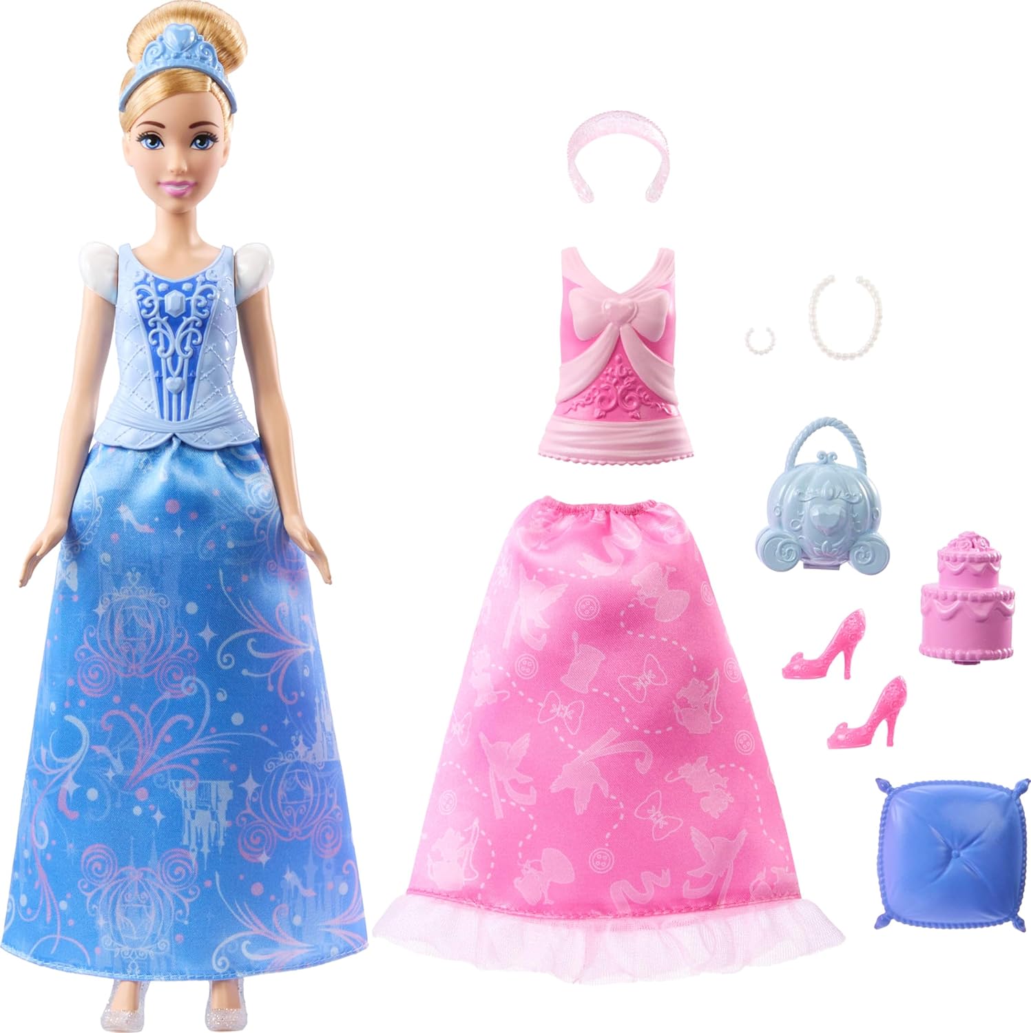 Disney Princess 2-In-1 Stories Cinderella Fashion Doll With 2 Snap-On Bodices, 2 Skirts & 9 Accessories For Kids Ages 3+