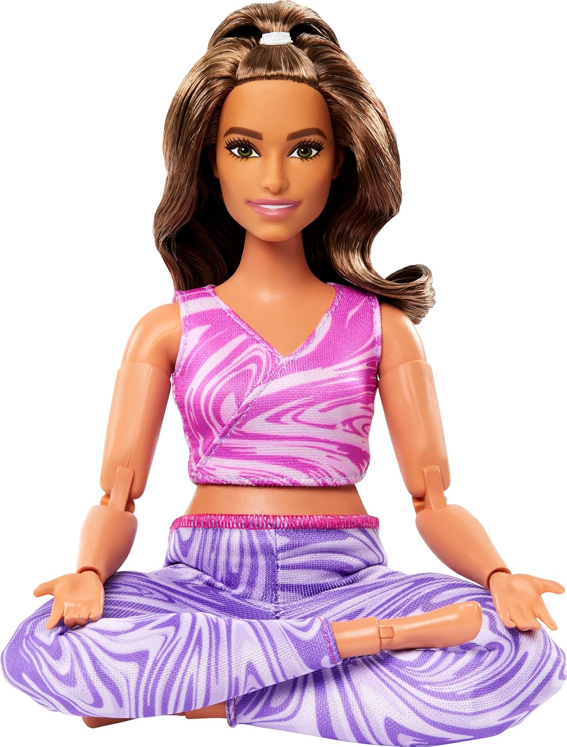 Barbie Made to Move Fashion Doll with Curvy Body & Brunette Hair Wearing Removable Pink Sports Top & Purple Yoga Pants, 22 Bendable Joints