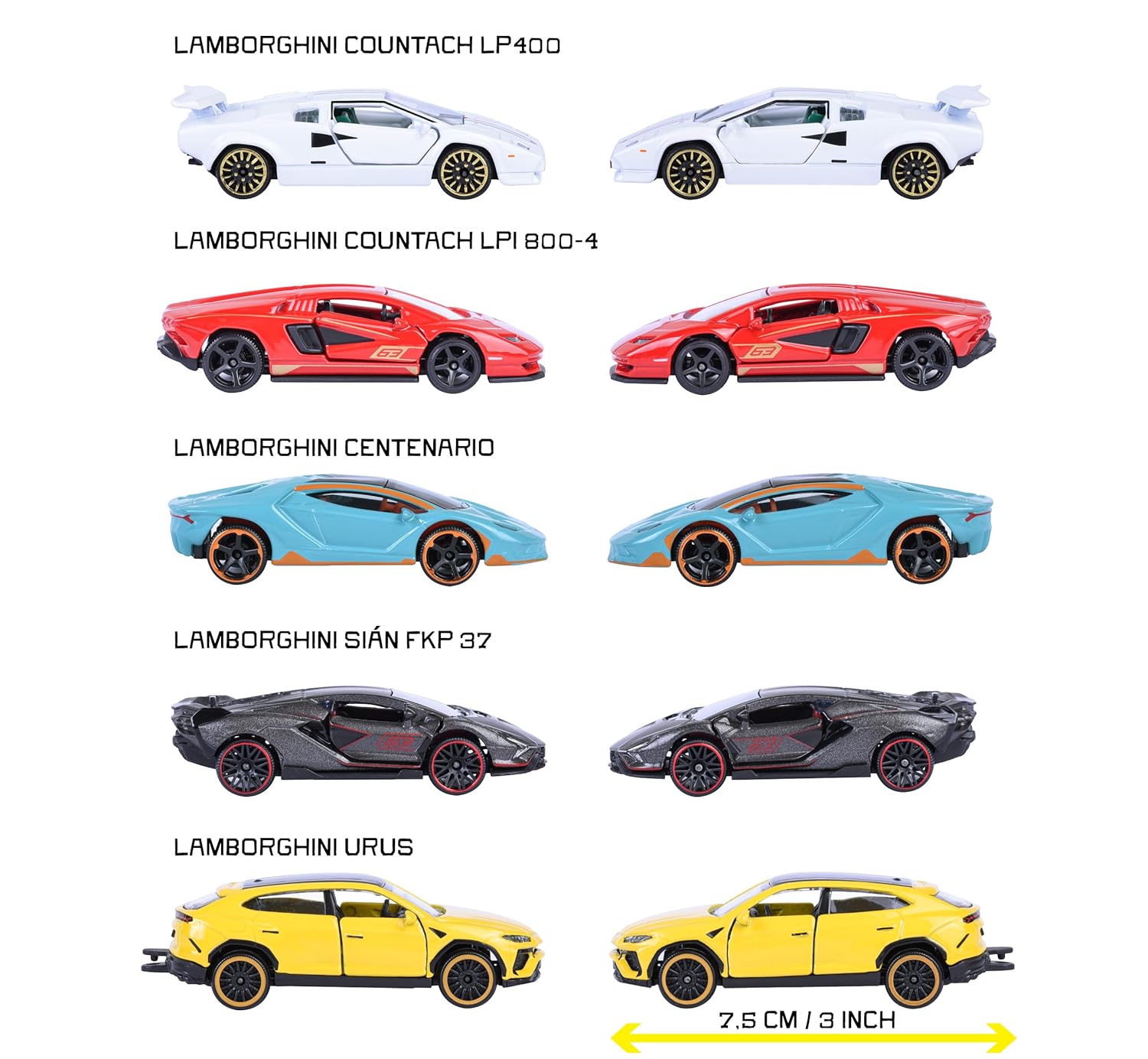 Majorette Lamborghini 5 Pack Set - Metal Toy Car with Freewheel, Suspension & Opening Parts for Kids & Collectors