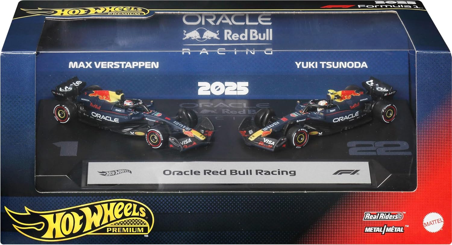 Hot Wheels Premium Formula 1 Toy Car 2-Pack, Set of 2 1:64 Scale Die-Cast Scale Oracle Red Bull Racing Racecars: #1 Max Verstappen & #22 Yuki Tsunoda