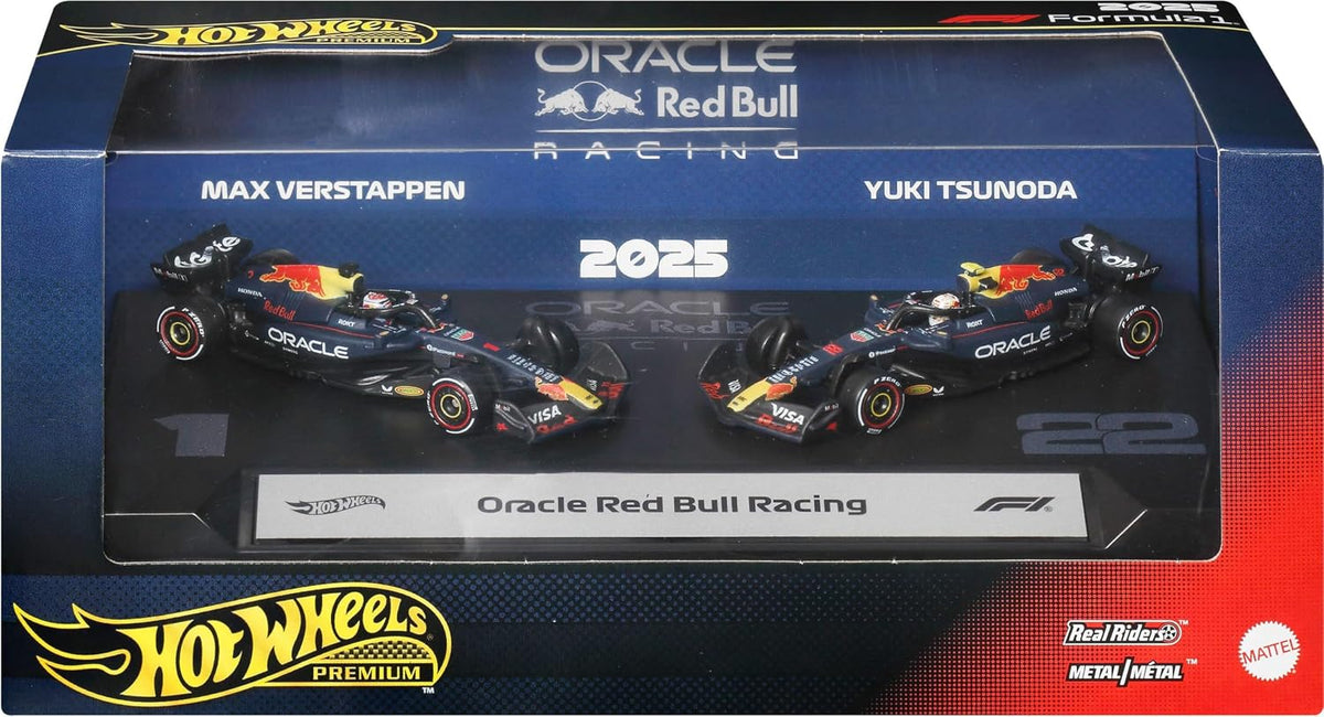 Hot Wheels Premium Formula 1 Toy Car 2-Pack, Set of 2 1:64 Scale Die-Cast Scale Oracle Red Bull Racing Racecars: #1 Max Verstappen & #22 Yuki Tsunoda
