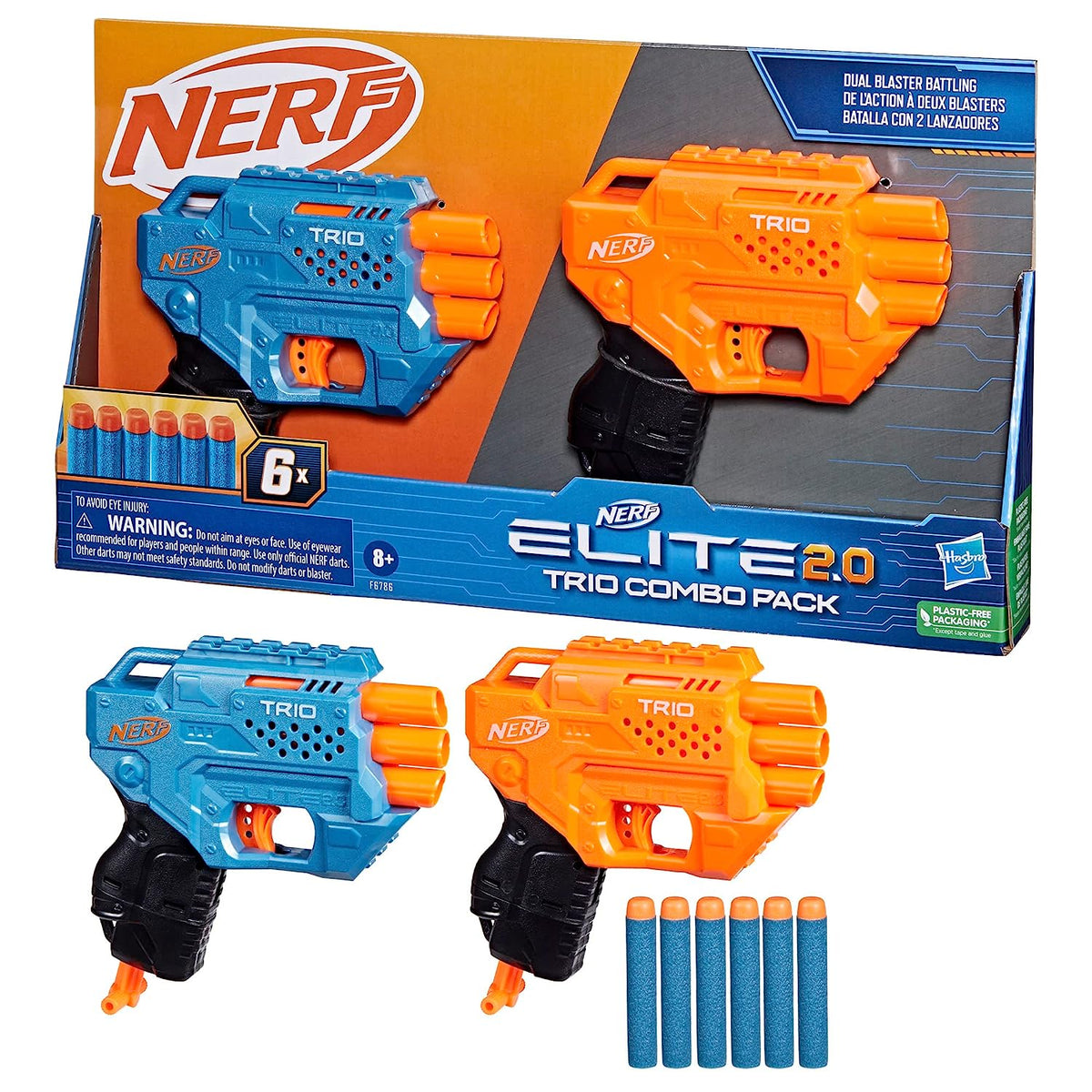 Nerf Elite 2.0 Trio Combo Pack, 2 Trio Nerf Blasters, 6 Nerf Elite Darts, Pull Down Priming, Toy Foam Blaster for Kids Outdoor Games