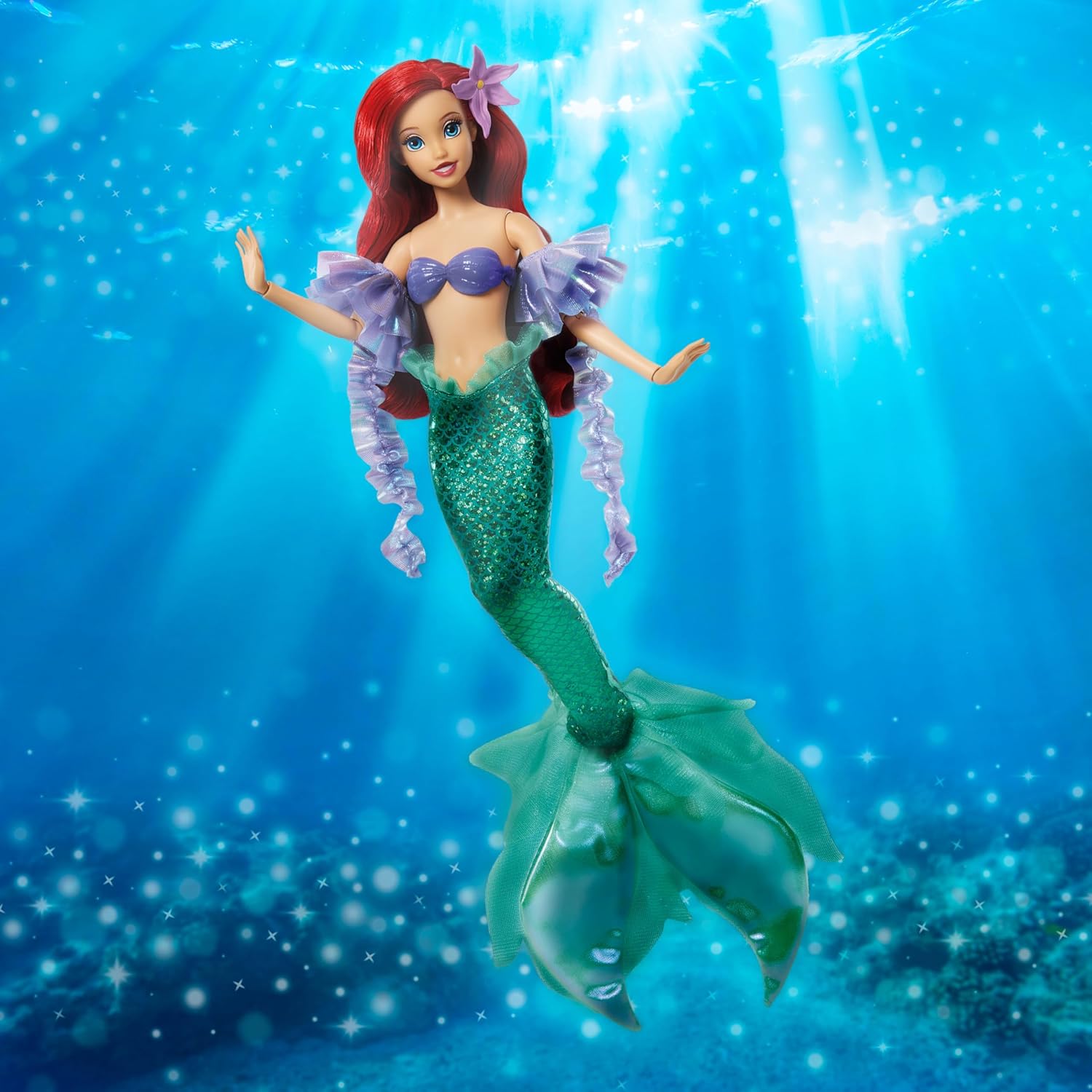 Disney Princess Mermaid Ariel Sparkling Princess Fashion Doll & Accessory with Removable Tail, Sleeves & Flower Hair Clip, Inspired by Movie