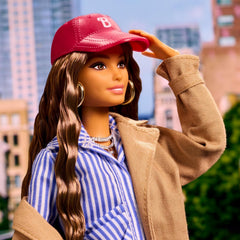 Barbie Signature Collectible Barbiestyle Fashion Doll, Fashion Week Doll New York Street Style Clothes with Blue Dress, Brown Coat and Accessories