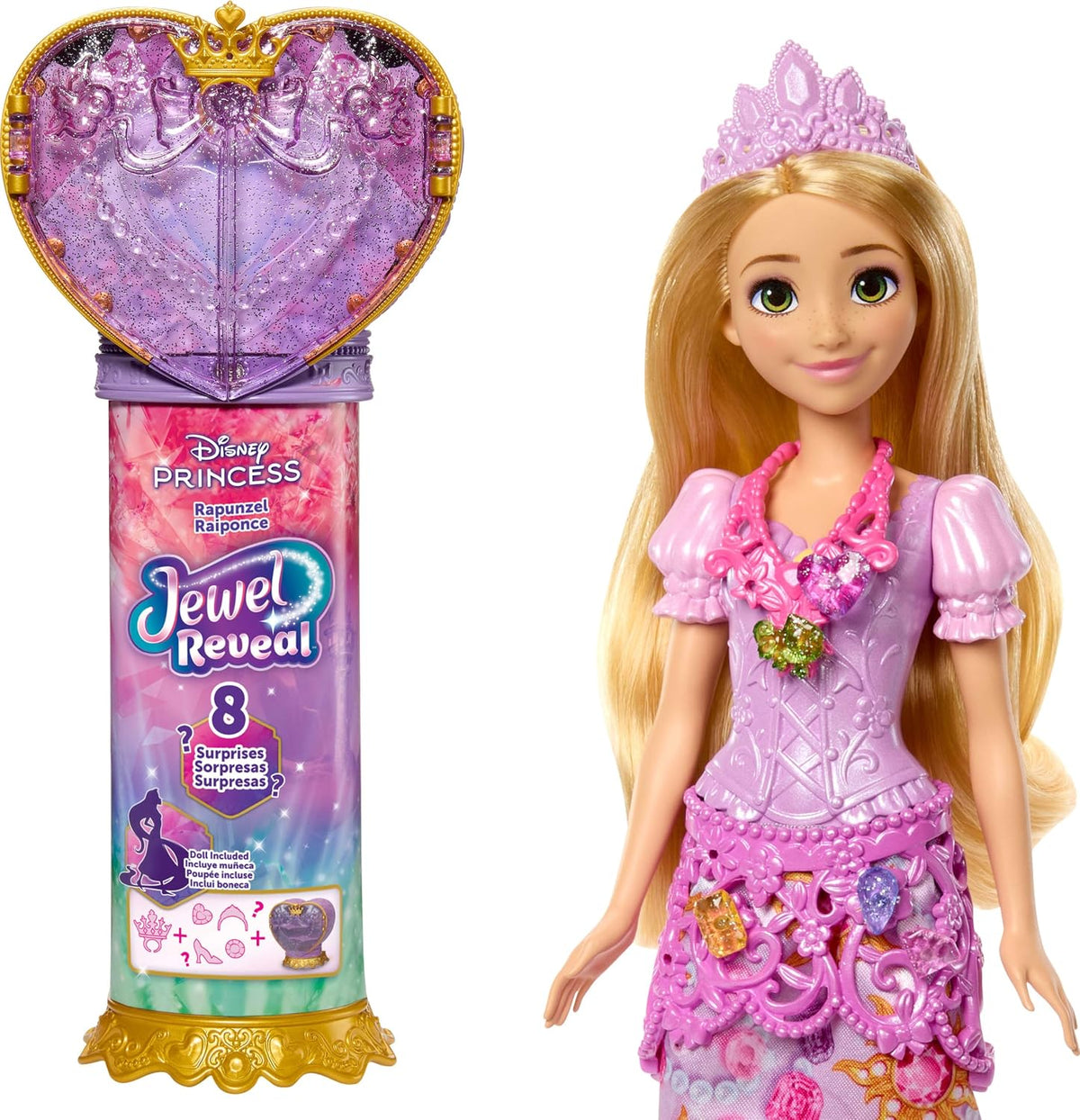 Disney Princess Rapunzel Fashion Doll & Accessories with 8 Surprises, Including Heart Gem Box, Ring for Child & 9 Play Pieces, Inspired by Movie