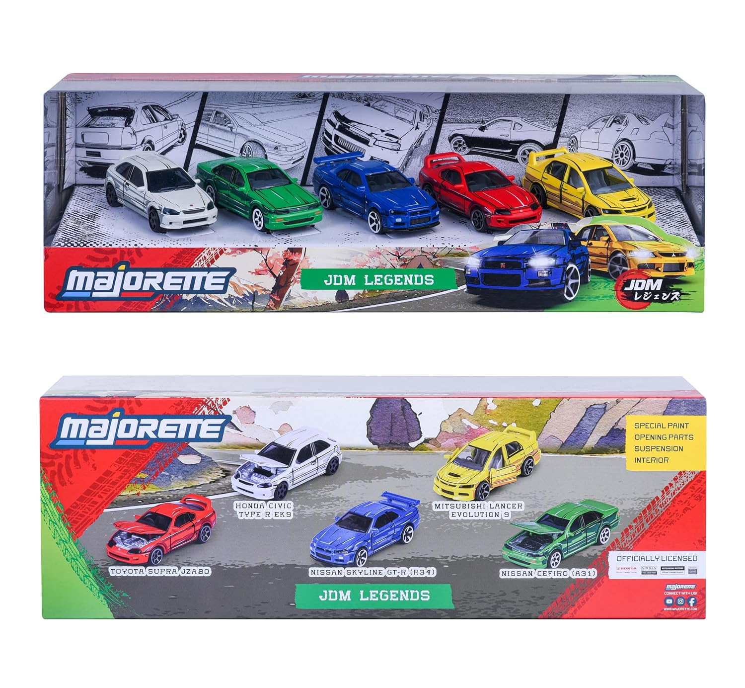 Majorette JDM Legends Anime 5 Pack Set - Metal Toy Car with Freewheel, Suspension & Opening Parts for Kids & Collectors