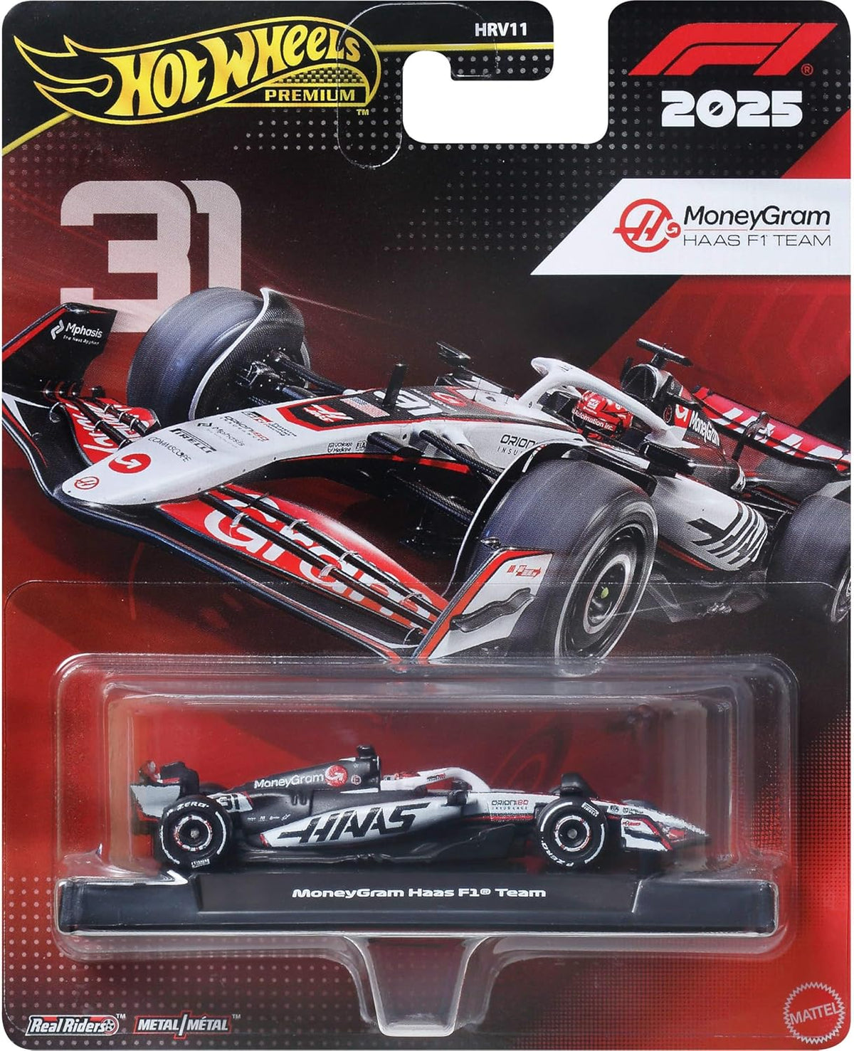 Hot Wheels Race Team MoneyGram Haas F1 Team (#31) 1:64 Scale Premium Die-Cast Formula 1 Collectible Toy Race Car with Real Riders Tires & Metal/Metal Body & Chassis for Collectors