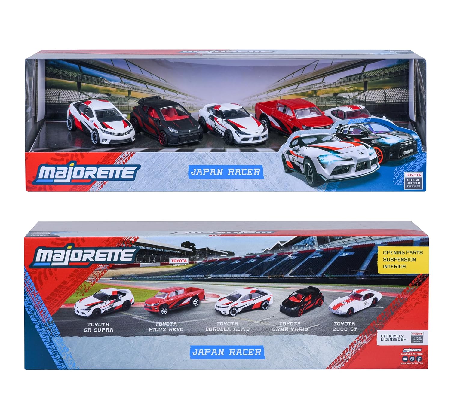 Majorette Japan Racer 5 Pack Set - Licensed Toyota Models Metal Toy Car with Freewheel, Suspension & Opening Parts for Kids & Collectors