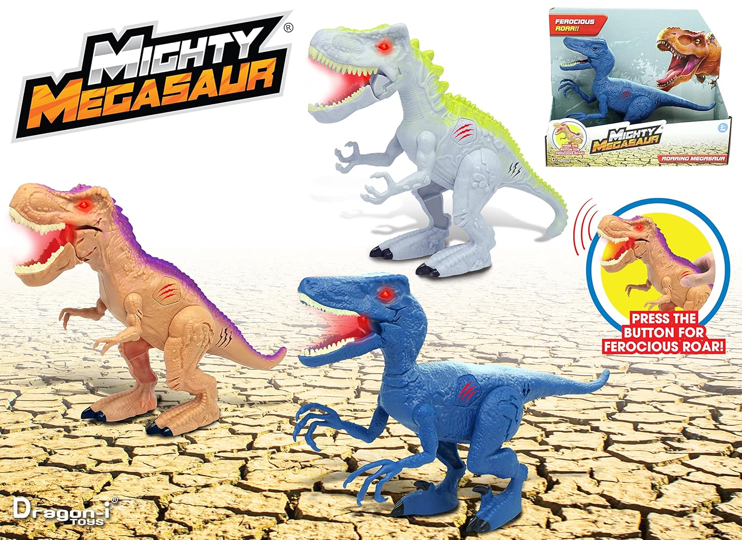 Dragon-I Mighty Megasaur Roaring T-Rex Dinosaur Action Figure for Kids Ages 3+, Brown