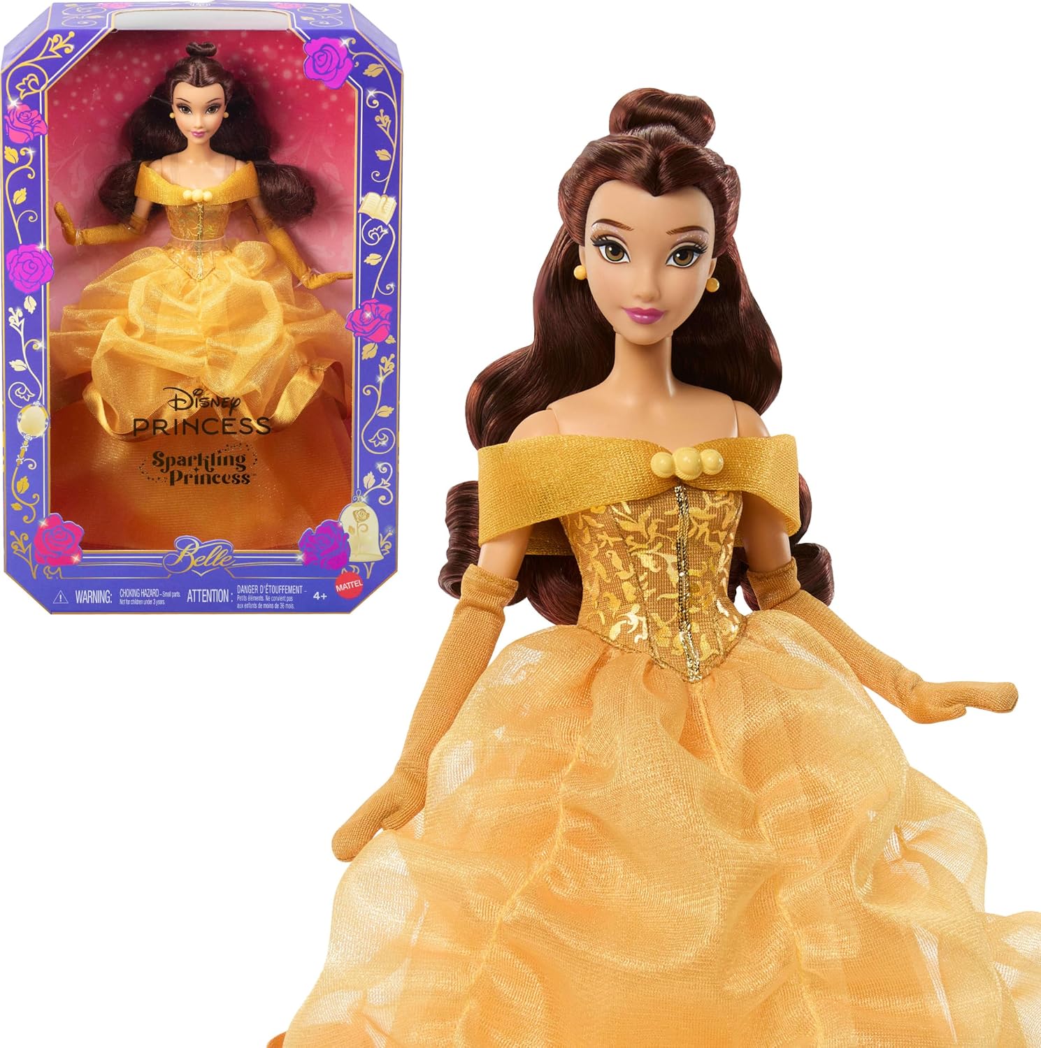 Disney Princess Belle Sparkling Princess Fashion Doll & Accessories w/Removable Dress, Shoes & Earrings, Inspired by Beauty & the Beast Movie