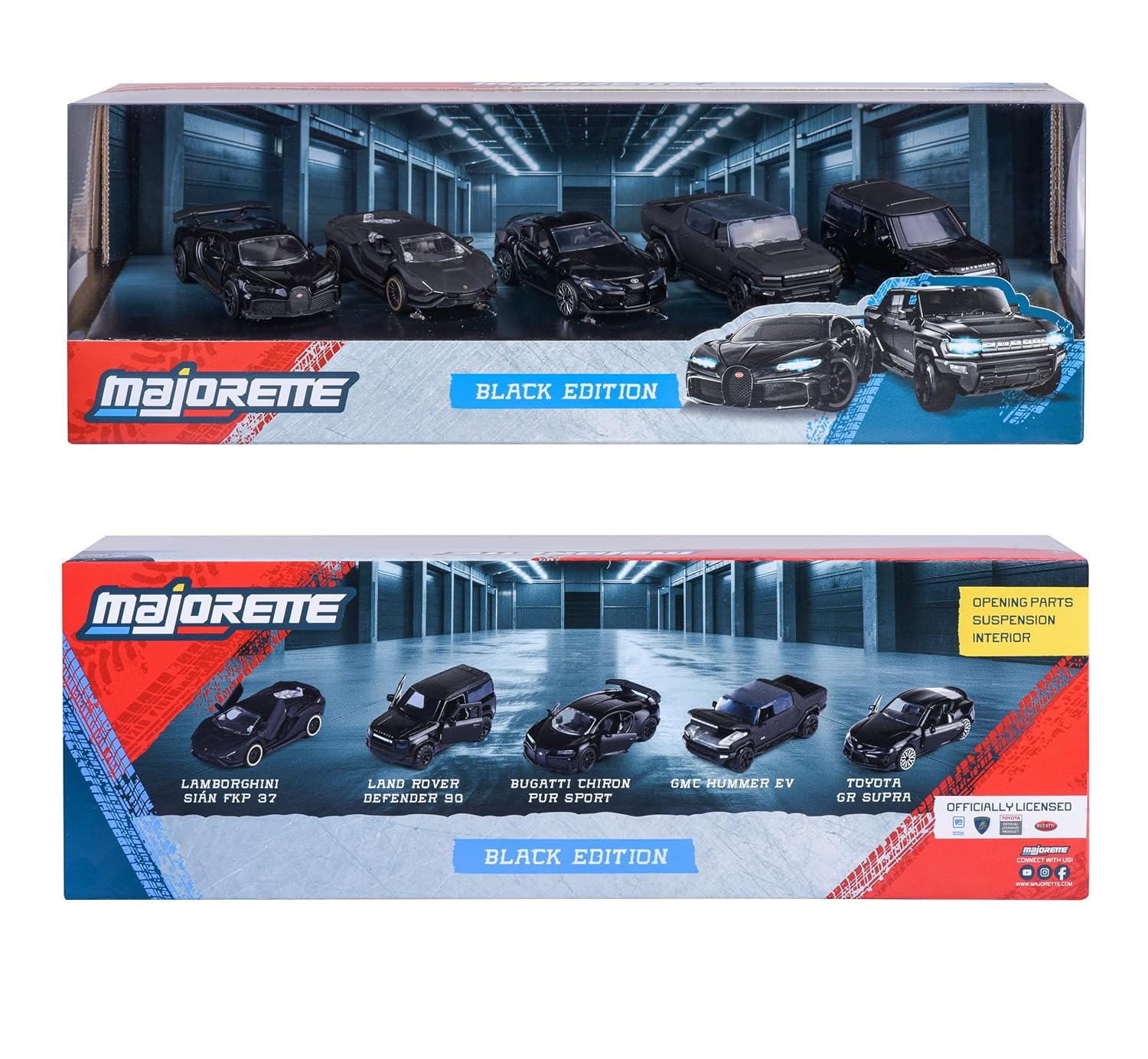 Majorette Black Edition 2.0 5 Pack Set - Metal Toy Car with Freewheel, Suspension & Opening Parts for Kids & Collectors