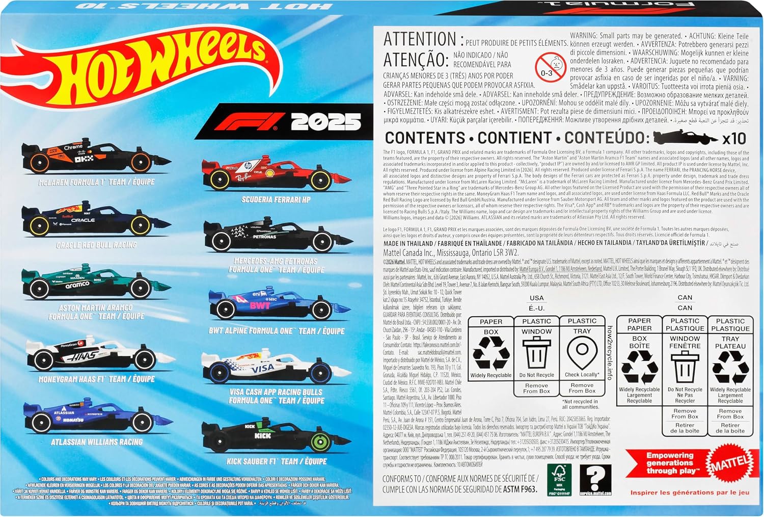 Hot Wheels Formula 1 Set of 10 1:64 Scale Die-Cast Racecars Toy Cars Representing Each 2025 F1 Racing Team