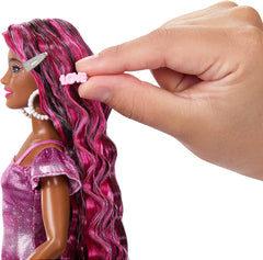 Barbie Fun & Fancy Brunette Hair Doll with Extra-Long Colorful Hair and Shimmery Pink Dress and 10 Hair and Fashion Play Accessories for Kids Ages 3+