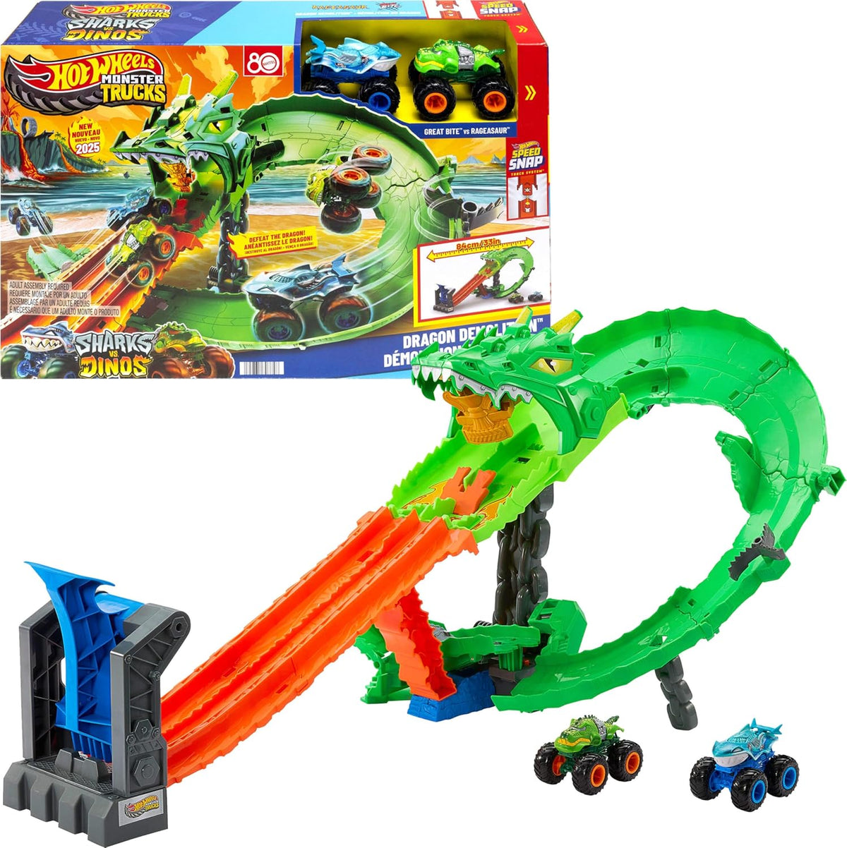 Hot Wheels Monster Trucks Sharks vs. Dinos Dragon Destruction Playset with 1:64 Scale Great Bite & Rageasaur, Race to Defeat The Cyborg Nemesis for Kids Ages 3 Years & Up