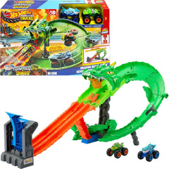 Hot Wheels Monster Trucks Sharks vs. Dinos Dragon Destruction Playset with 1:64 Scale Great Bite & Rageasaur, Race to Defeat The Cyborg Nemesis for Kids Ages 3 Years & Up