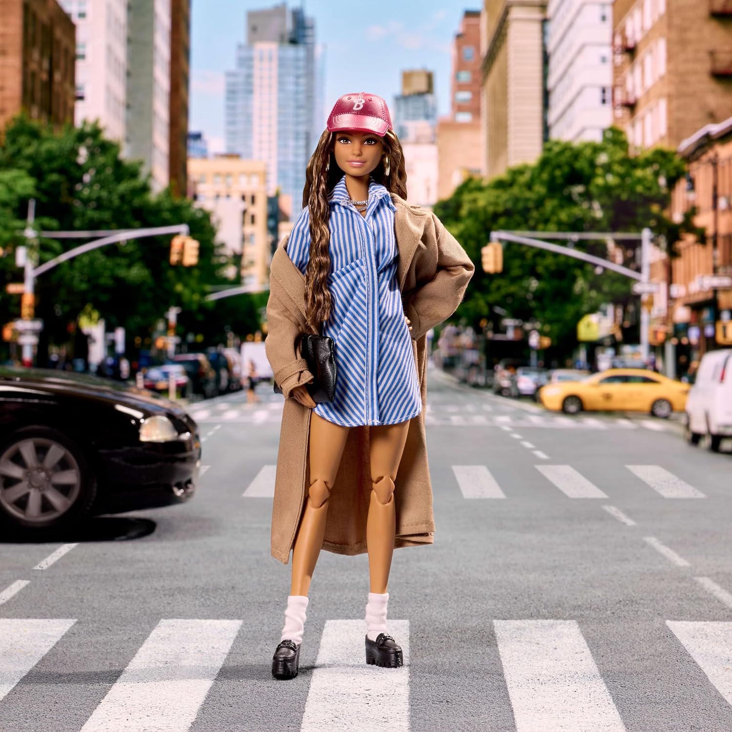 Barbie Signature Collectible Barbiestyle Fashion Doll, Fashion Week Doll New York Street Style Clothes with Blue Dress, Brown Coat and Accessories