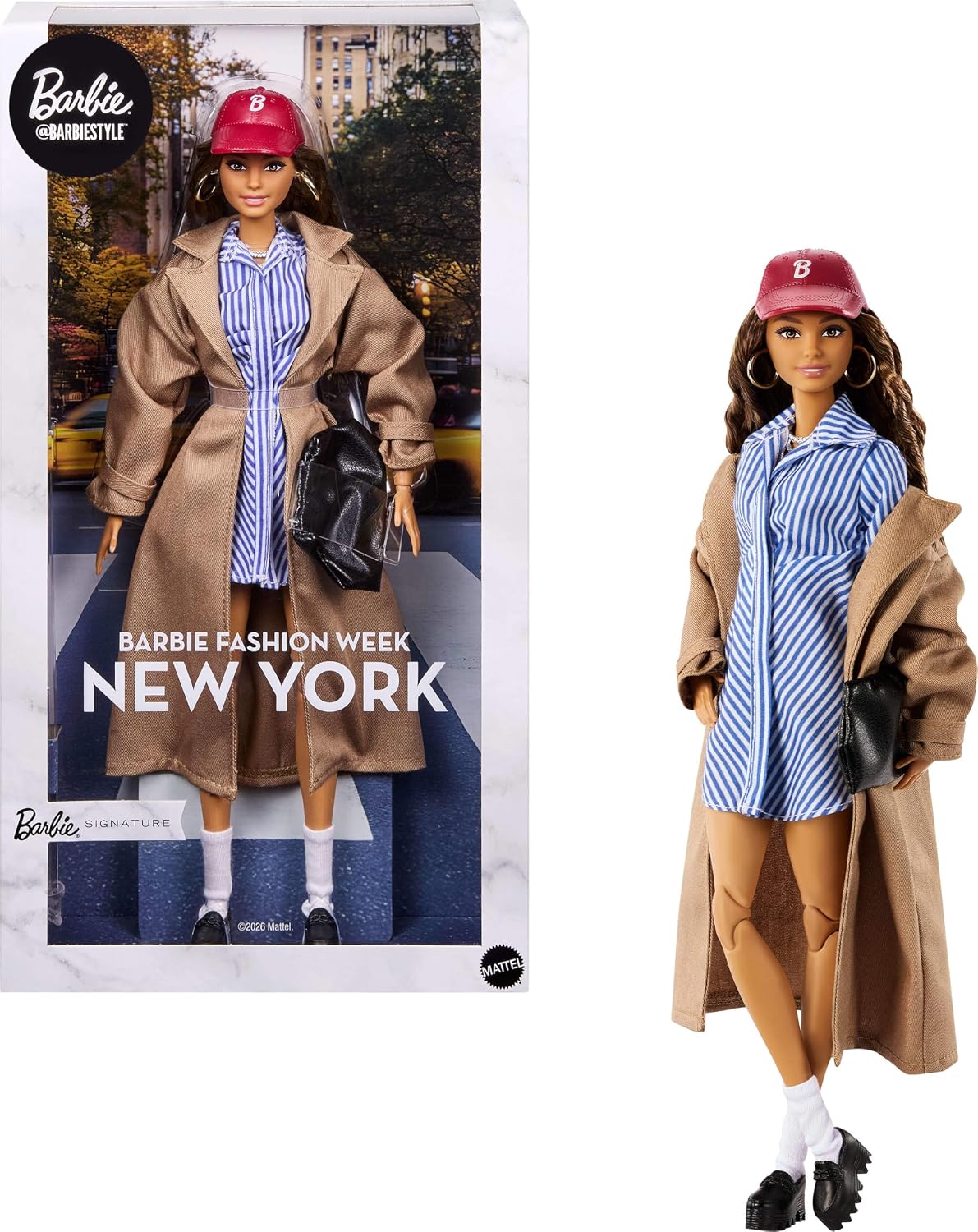 Barbie Signature Collectible Barbiestyle Fashion Doll, Fashion Week Doll New York Street Style Clothes with Blue Dress, Brown Coat and Accessories