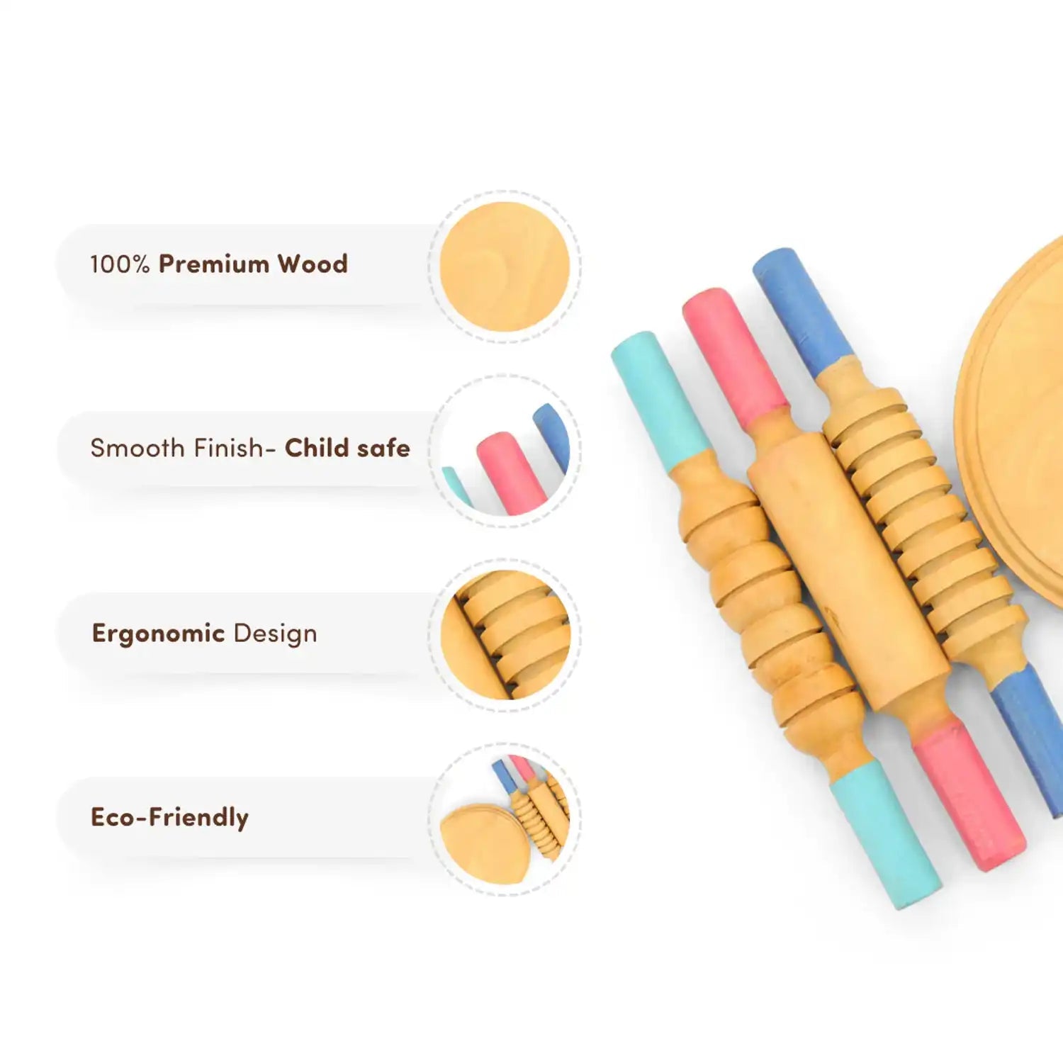 Mittimate Rolling Pins and Board (Chakla Belan) for Kids, Age 2 I Wooden Pretend Play Toys | Perfect Birthday Gift Choice for Children
