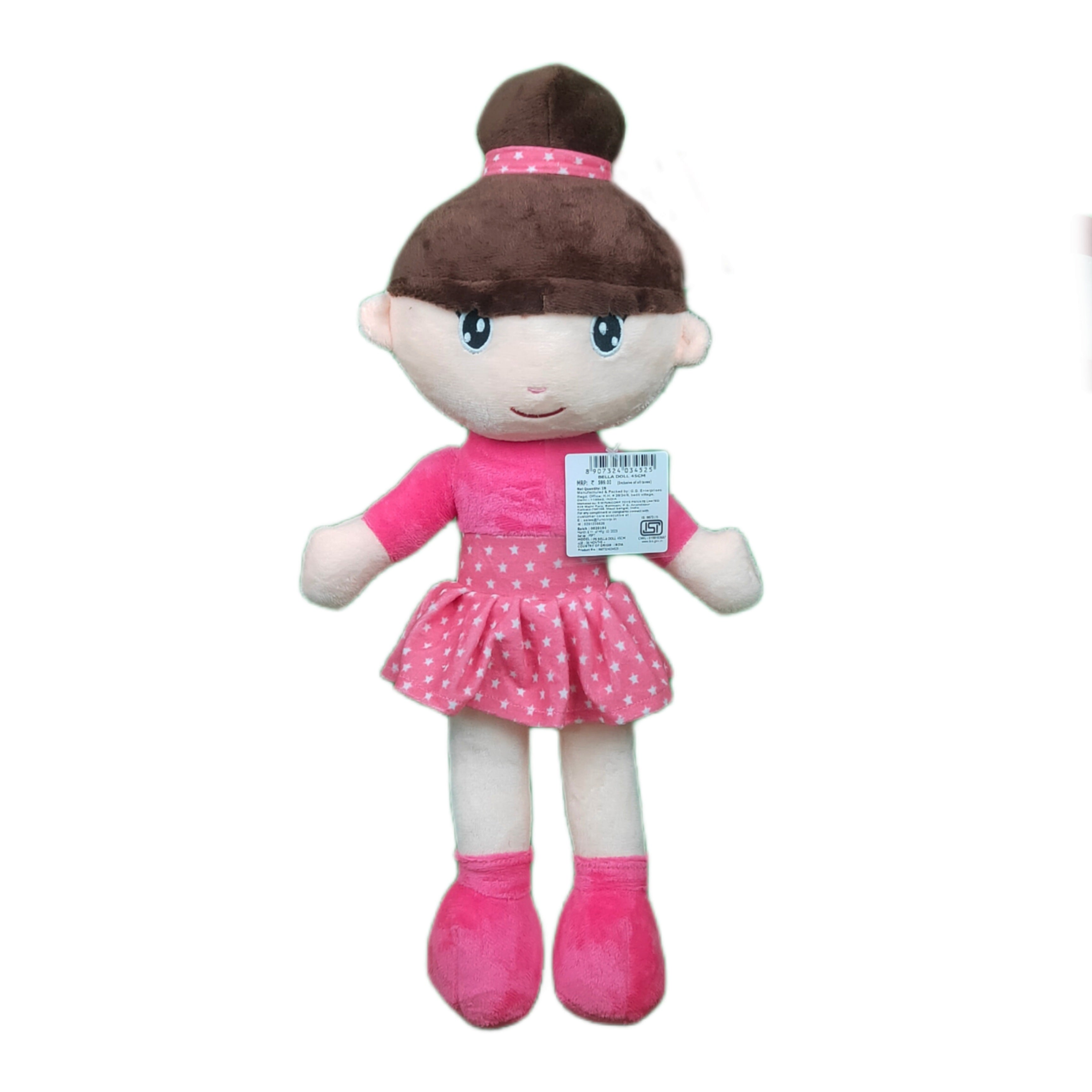 Play Hour Bella Rag Doll Plush Soft Toy Wearing Pink Polka Dot Frock for Ages 3 Years and Up, 45cm