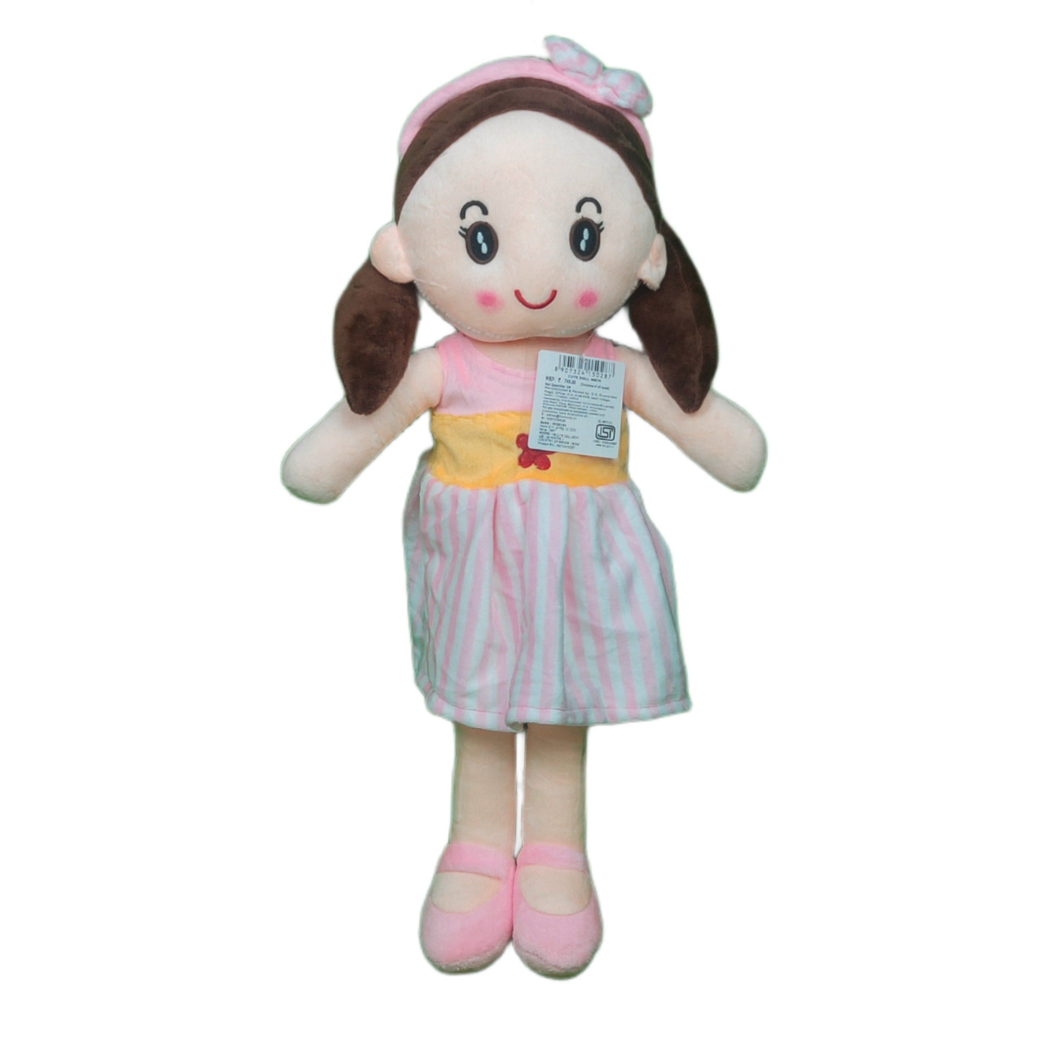 Play Hour Cute Rag Doll Plush Soft Toy Wearing Baby Pink & White Stripes Frock for Ages 3 Years and Up, 40cm