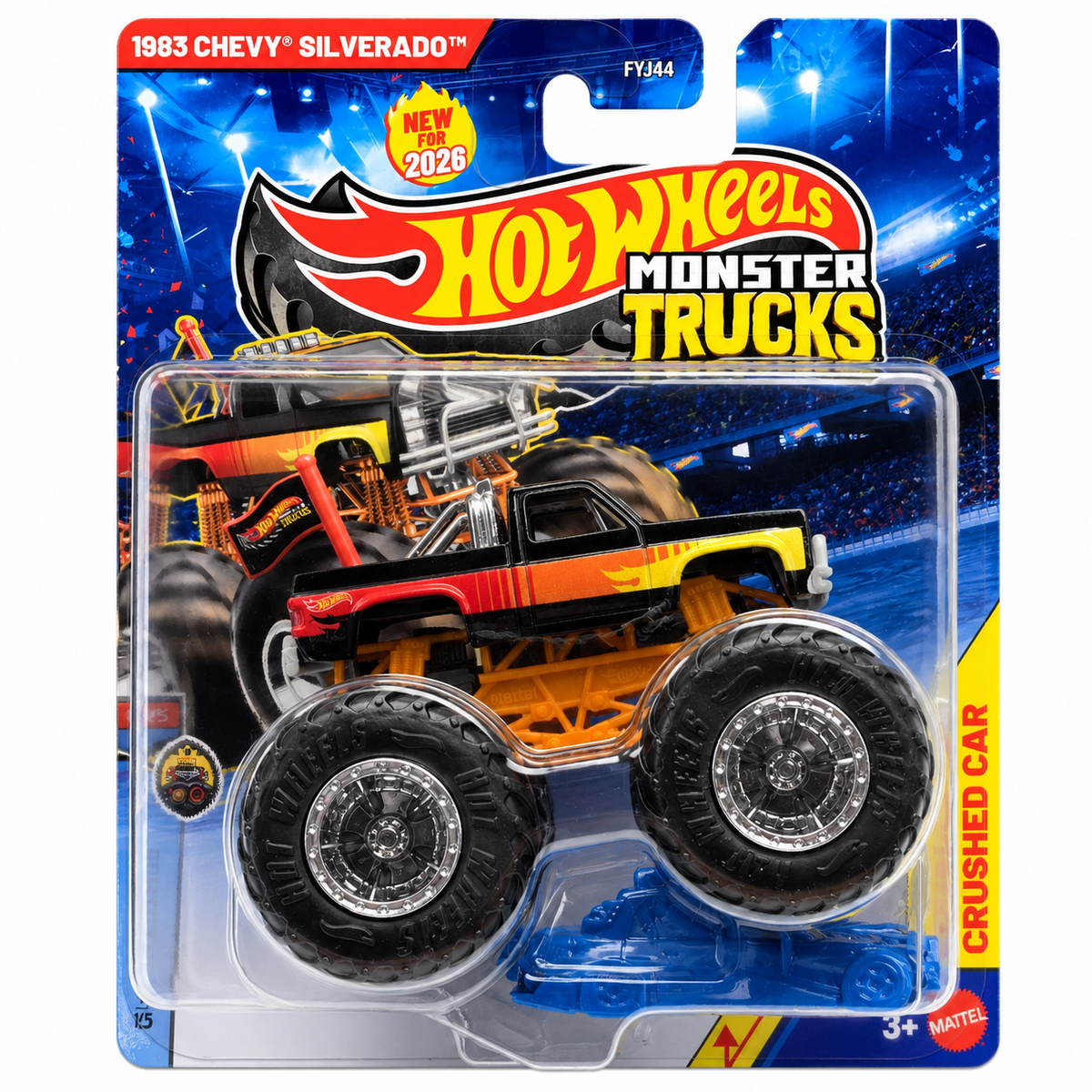 Hot Wheels 1:64 Scale 1983 Chevy Silverado Monster Trucks 2026 Diecast Truck with Crushable Car for Ages 3+ (JHY36)